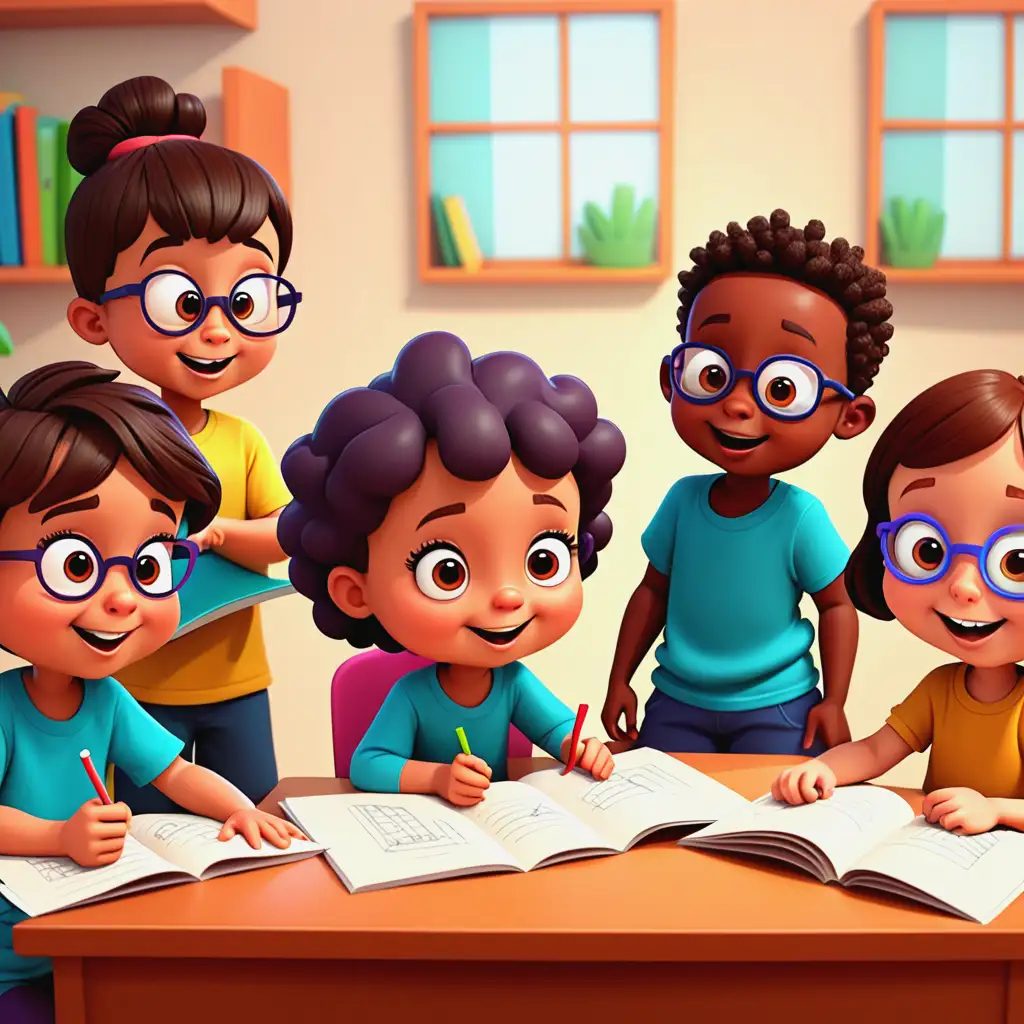 Cartoon Kids Learning Colorful Classroom Education Scene