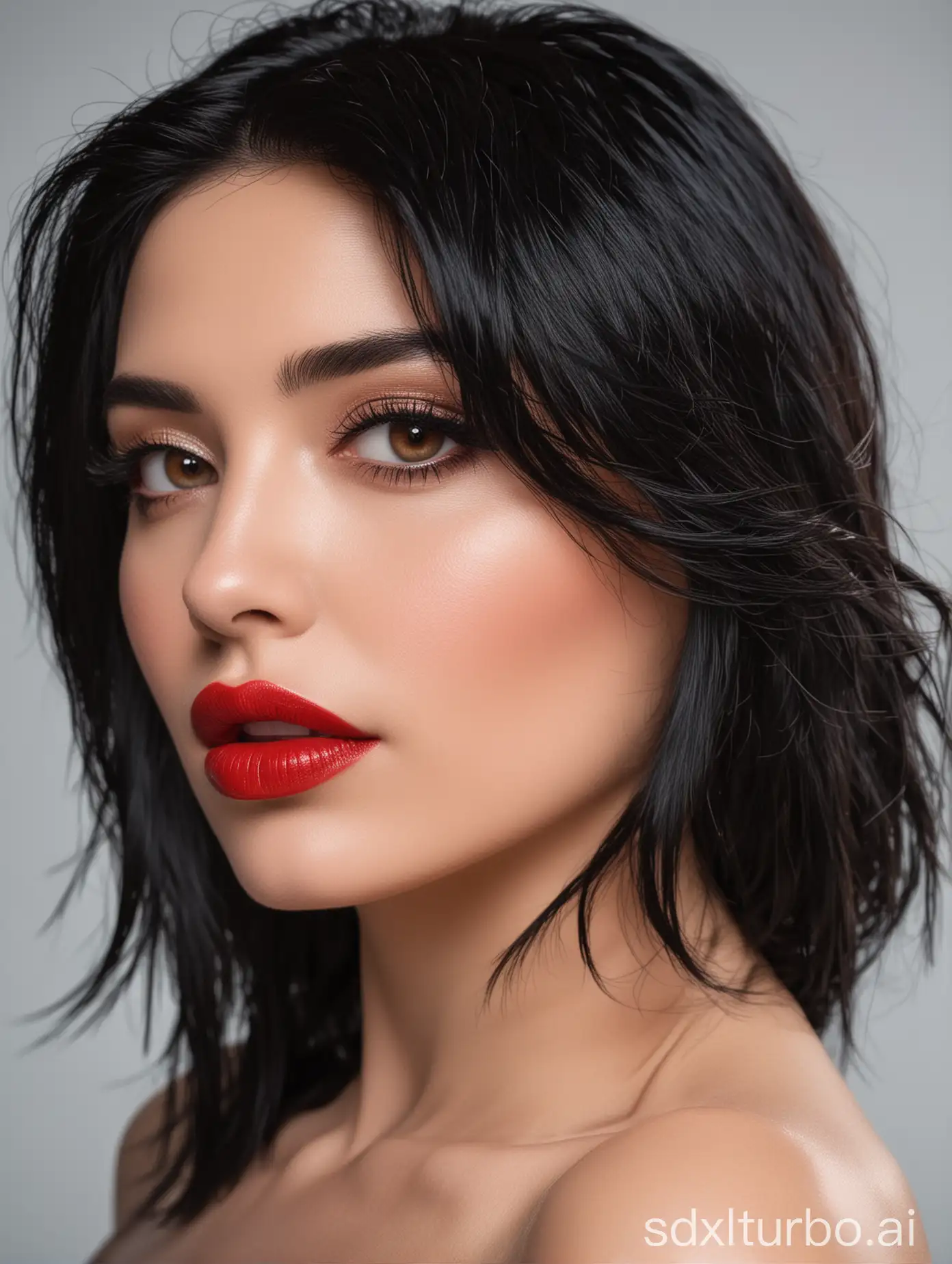 Side profile of a beautiful woman with black hair, red lips and blazing eyes
