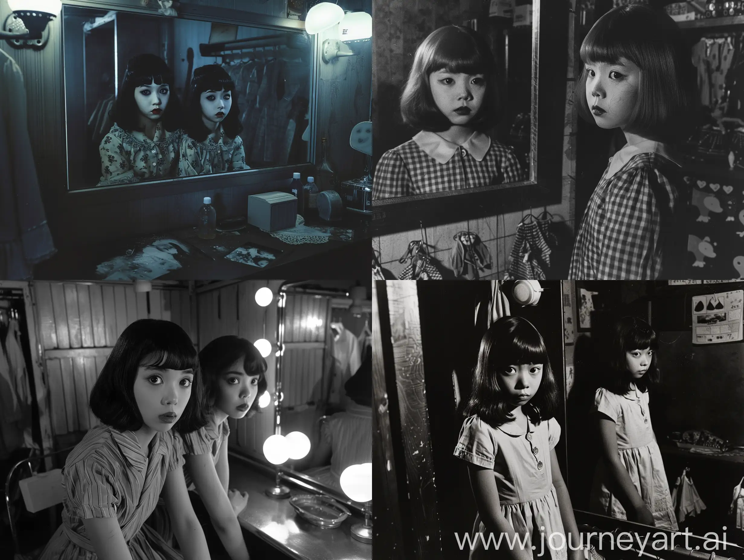 Portrait photo, cinematic, realism, use Medium-angle lens, long-shot, full-shot. Depiction of a yokai ((( Two girls share the same body ))), Japanese 1960, dressing room, mirror, unsettling, horror movie