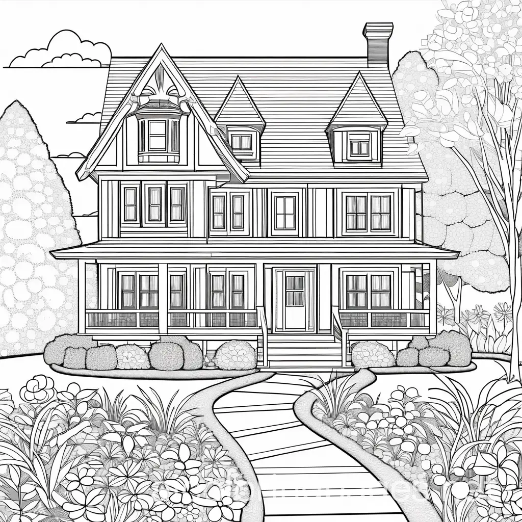 Adult Coloring Page: A house with many flowers in a large garden, Coloring Page, black and white, line art, white background, Simplicity, Ample White Space. The background of the coloring page is plain white to make it easy for young children to color within the lines. The outlines of all the subjects are easy to distinguish, making it simple for kids to color without too much difficulty