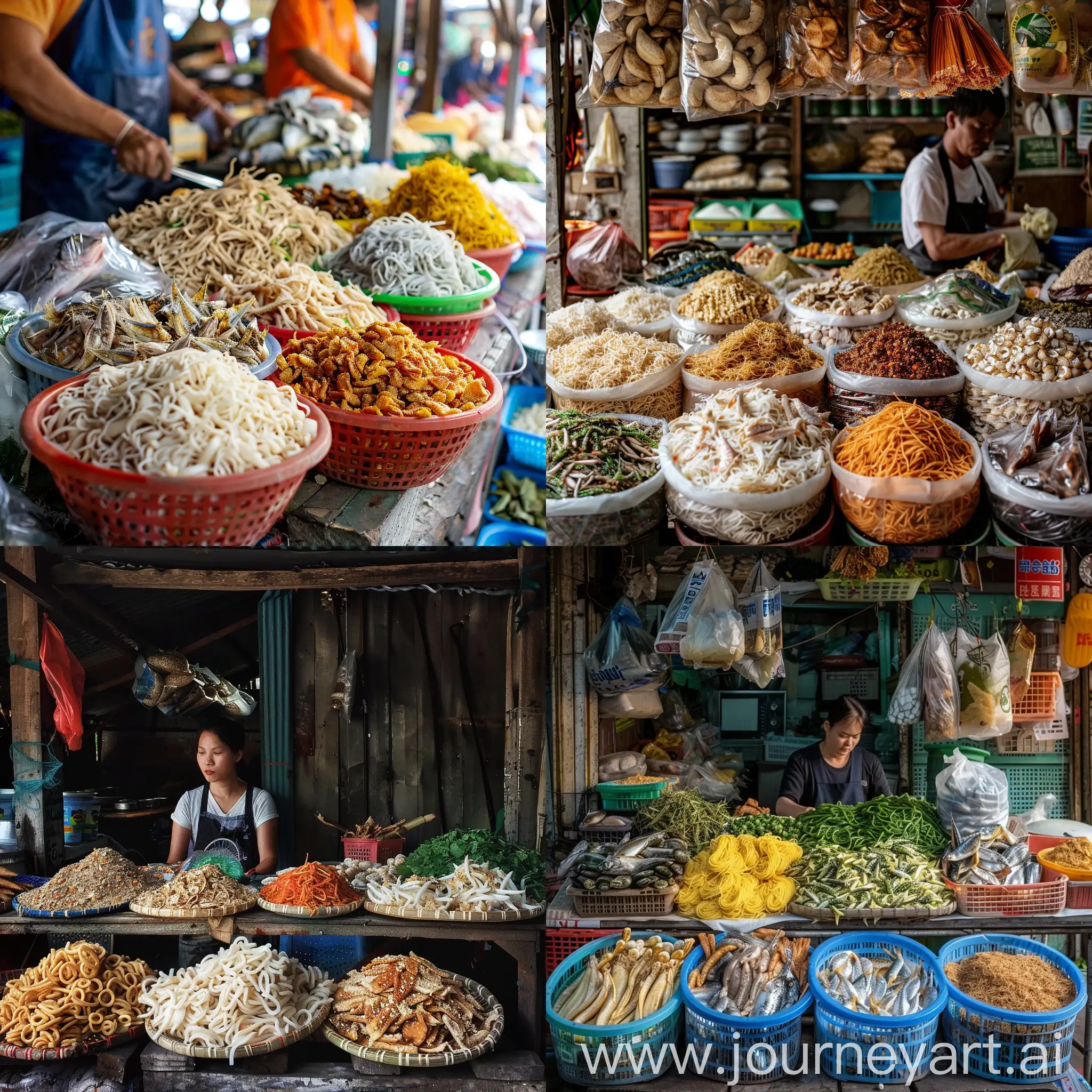 Arrange noodles, dried fish and vegetables together on a shop table with a vendor photo ratio 6:19