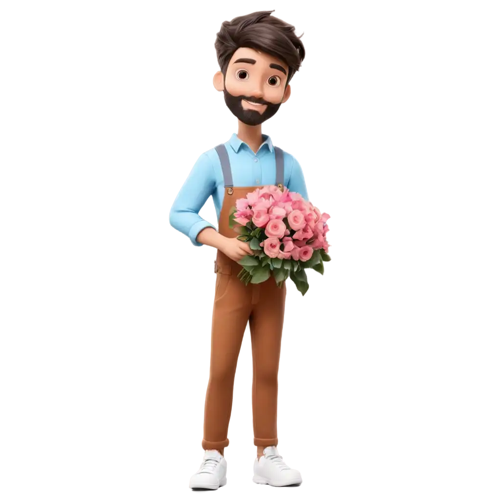 PNG-Image-Boy-with-Chibi-Beard-and-Stylish-Hair-Holding-a-Bouquet-of-Flowers