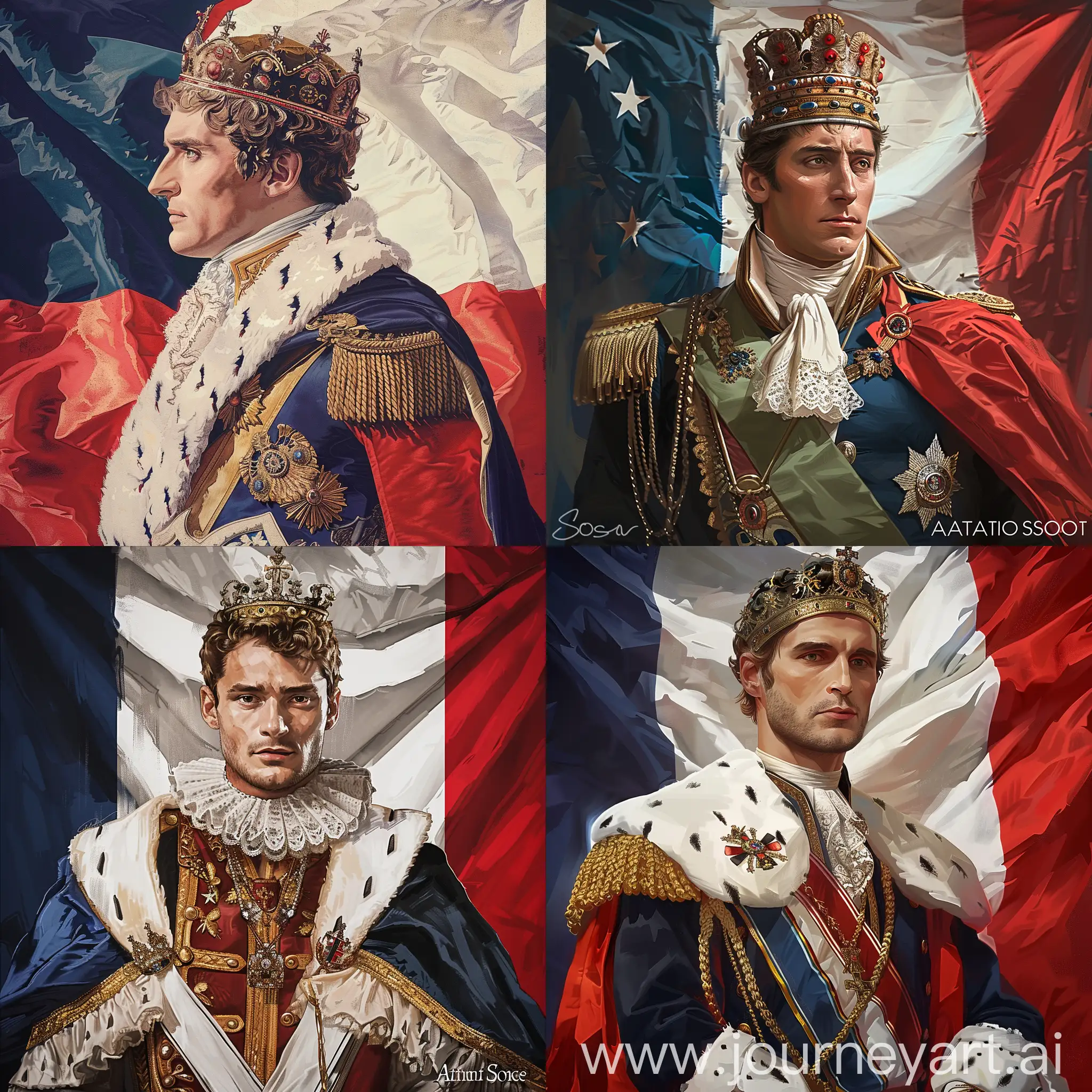 Illustration of Napoleon Bonaparte, depicted in his royal attire, historical accuracy, France flag background, art, illustration by Antonio Soares