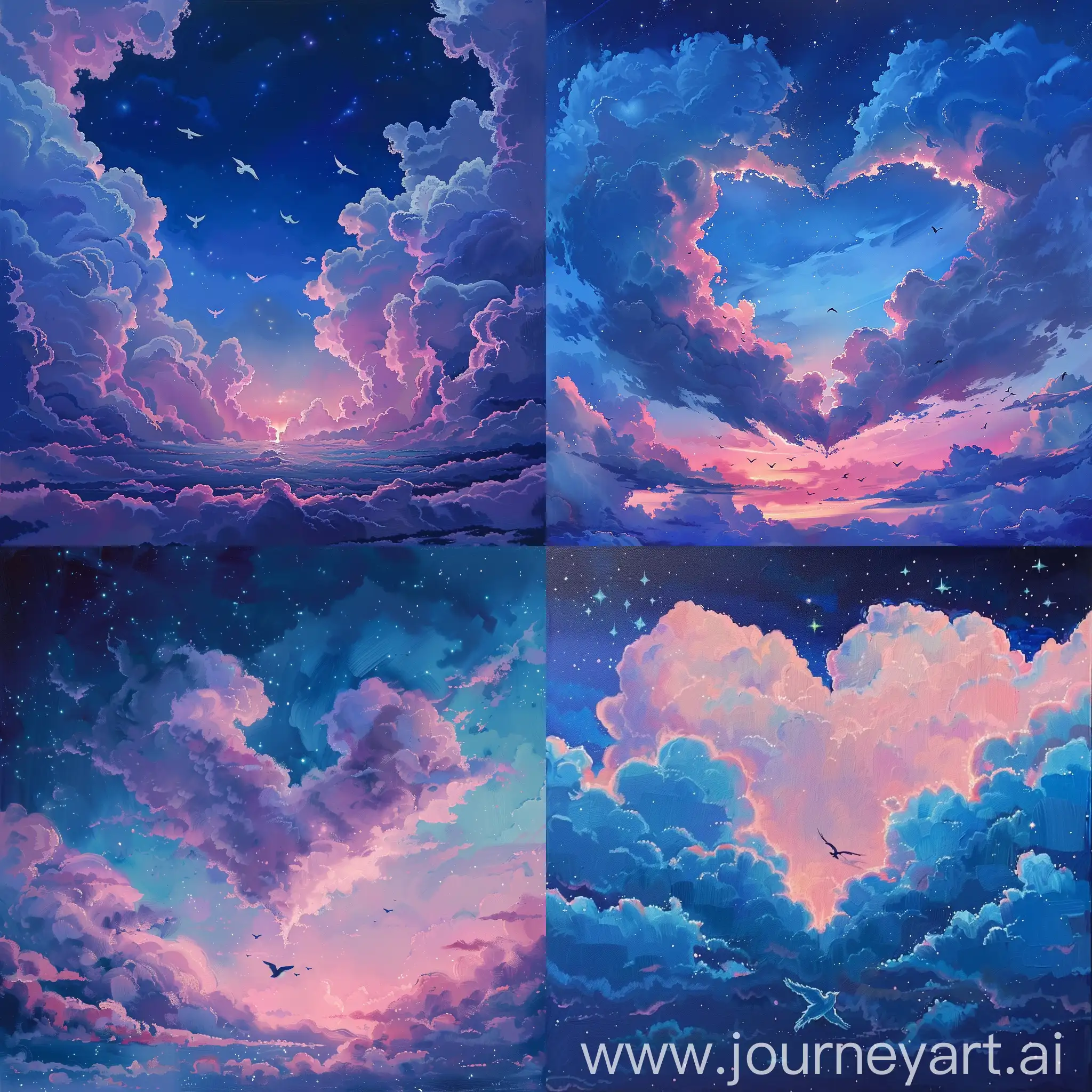 Romantic-Night-Sky-with-Heartshaped-Blue-Clouds-and-Starlight-Birds