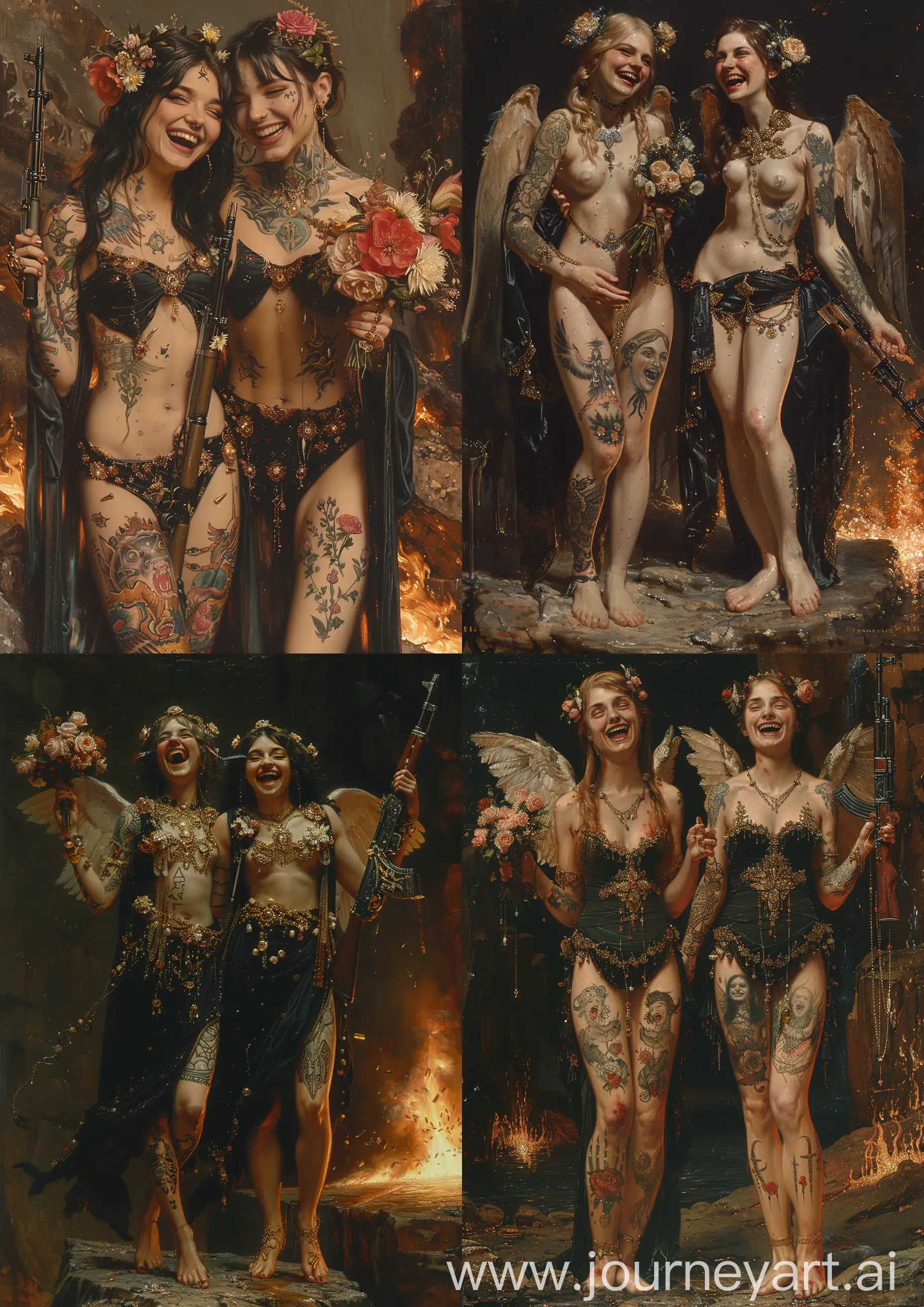 Tattooed-Angel-Warrior-Women-Laughing-with-Kalashnikov-and-Bouquet