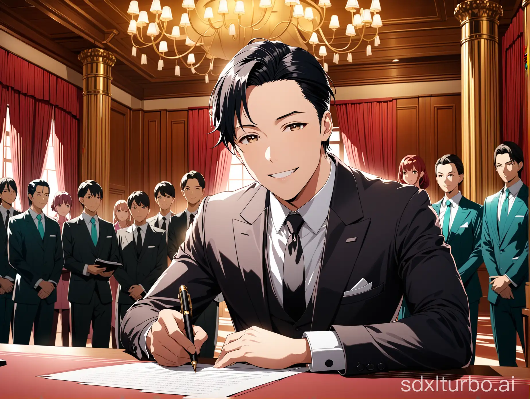 anime style,(masterpiece:1.2),best quality,masterpiece,highres,original,extremely detailed wallpaper,(extremely detailed CG:1.2),Musk, suit, holding contract, hand, contract, looking at the audience, smiling, indoor,