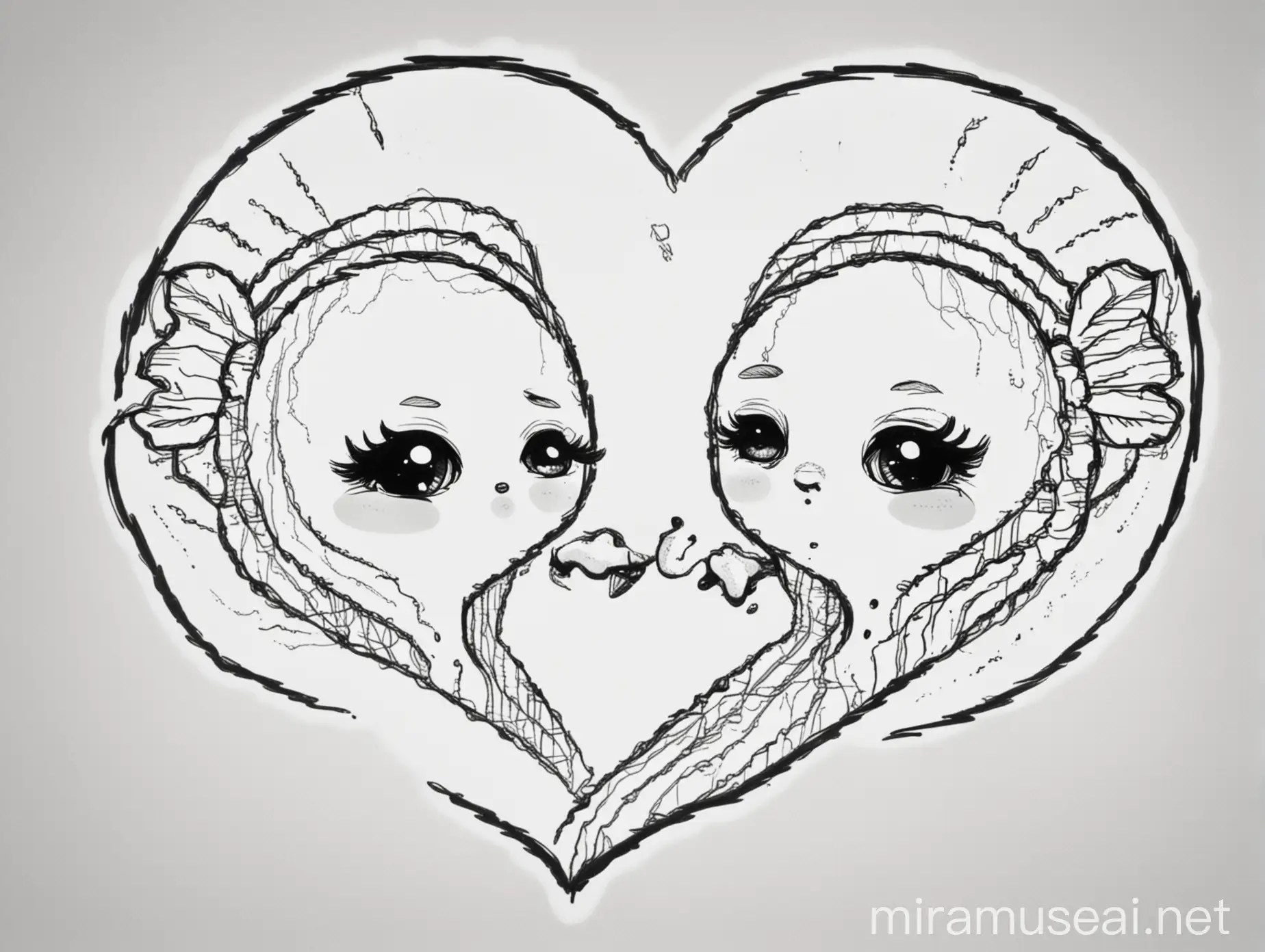 Two Ovaries Kissing in Kawaii Style Drawing Black and White Coloring Page