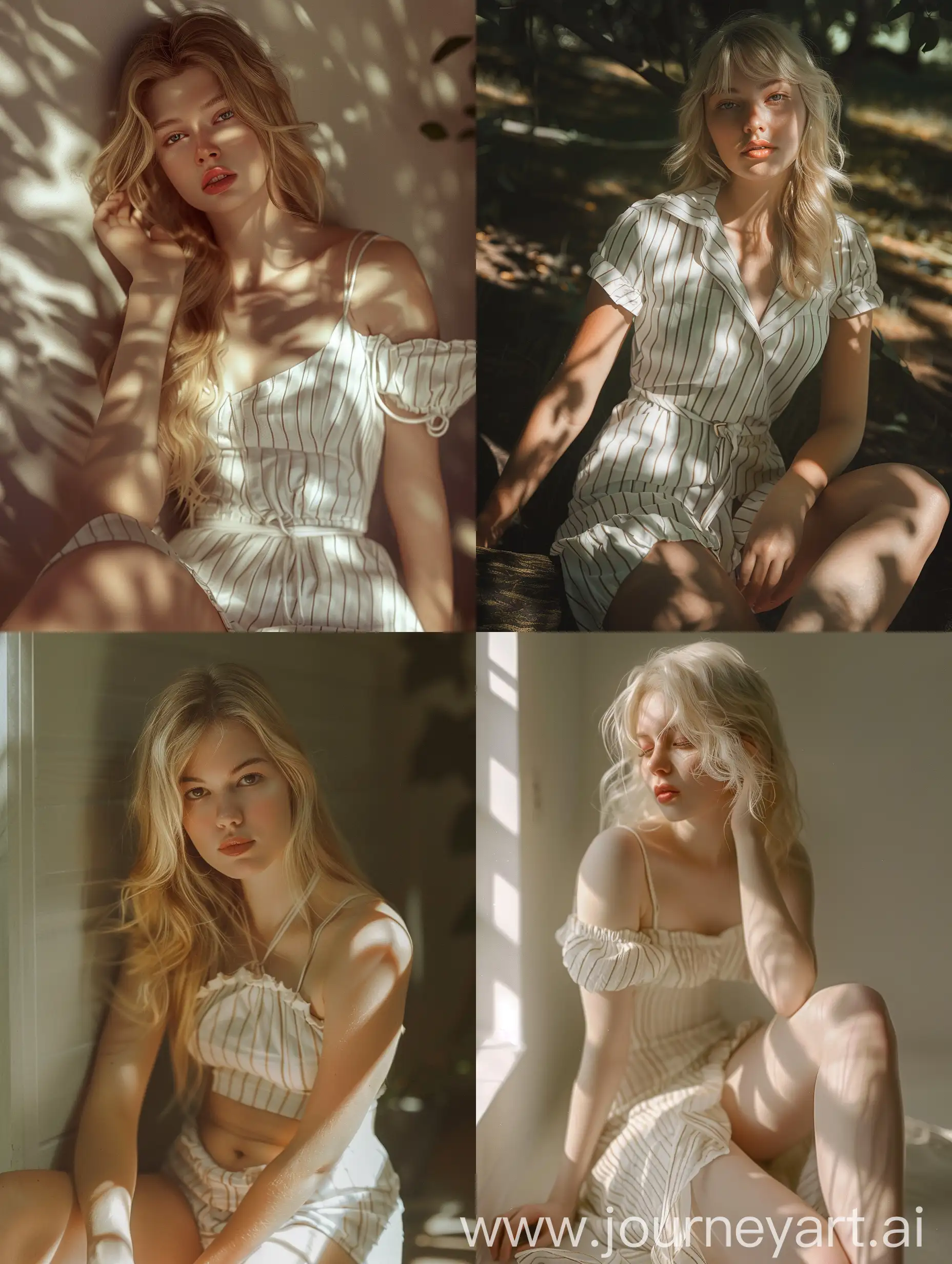 Elegant-Blonde-Russian-Model-in-Striped-White-Mini-Dress-Basking-in-Sunlight