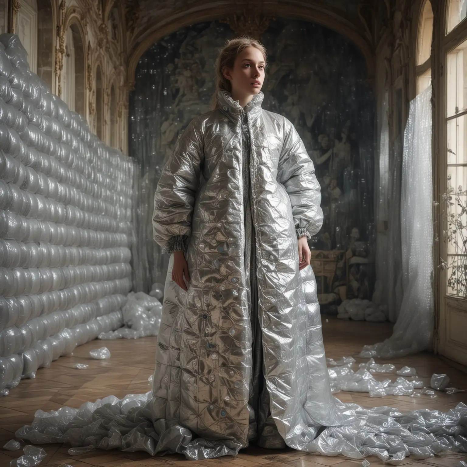 Surrealistic, Huge french palace space with walls covered with packaging bubble-wrap, young Radiohead inspired woman, wearing 18th century extremely detailed clothes, candid shot, dramatic