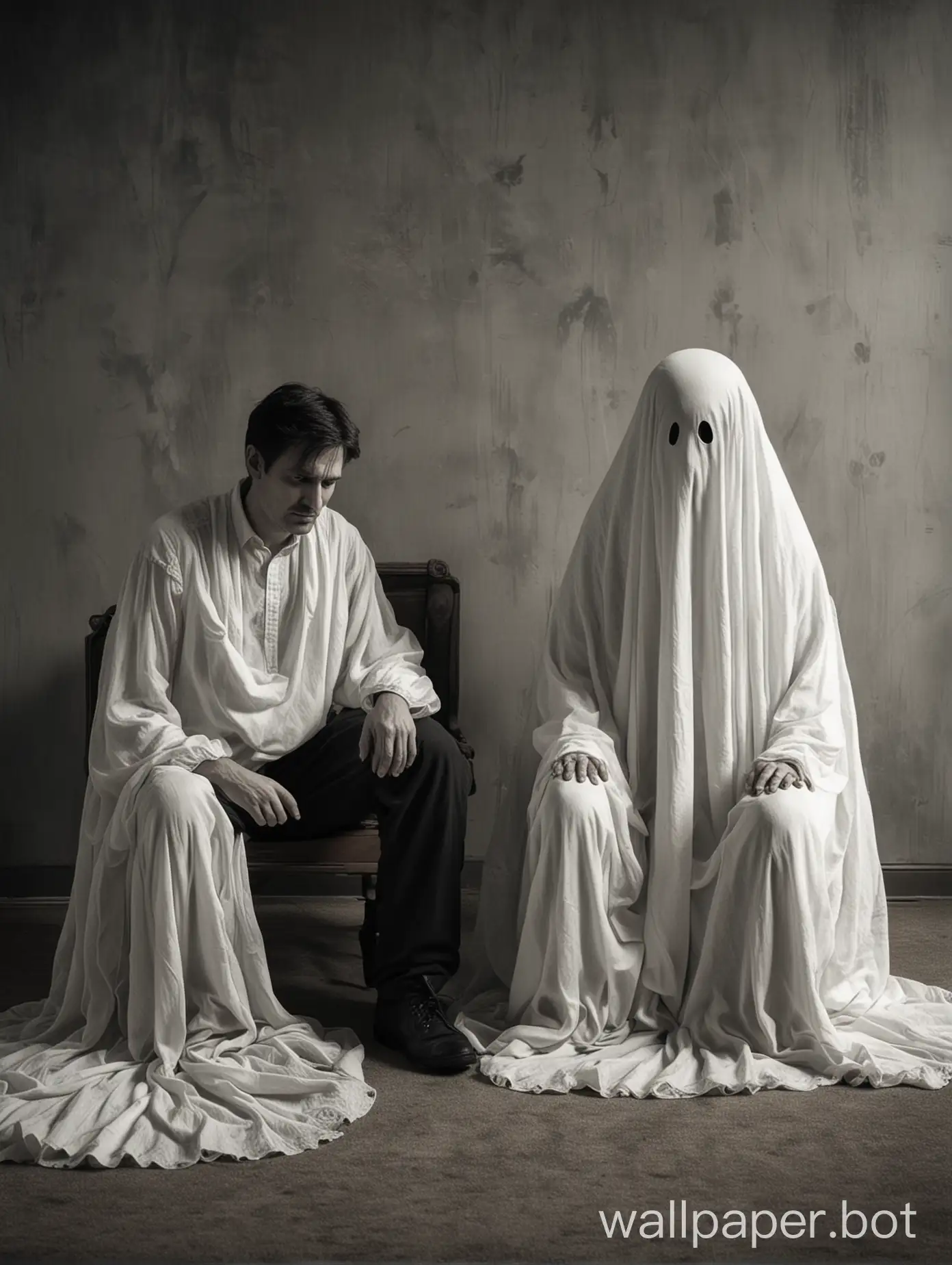 A lonely husband sits alone, but next to him sits the ghost of his wife. He is very sad, but emotionally he stays together. Feelings and emotions of sadness and loss. 