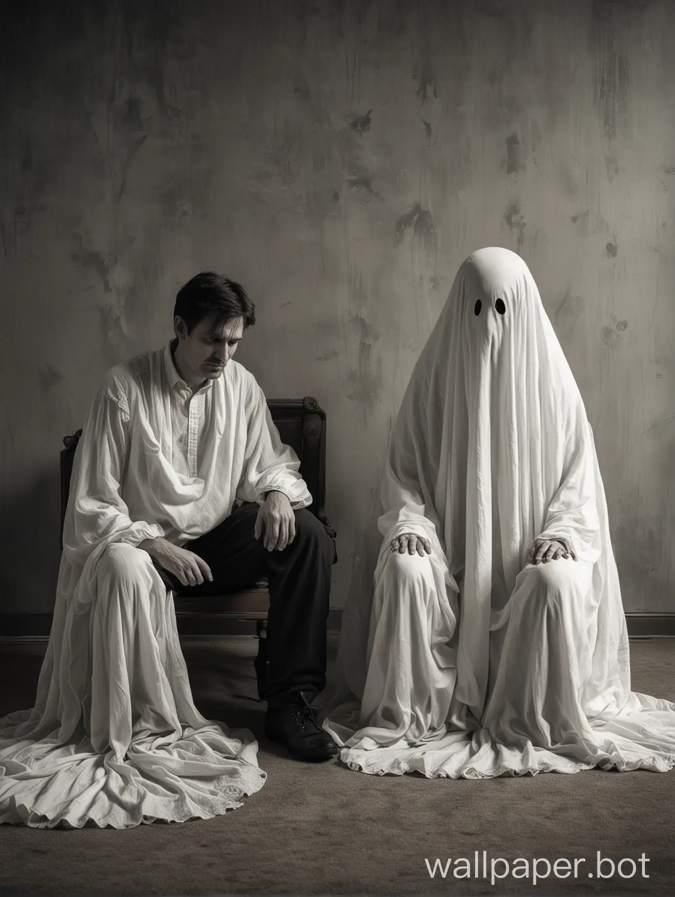 A lonely husband sits alone, but next to him sits the ghost of his wife. He is very sad, but emotionally he stays together. Feelings and emotions of sadness and loss.