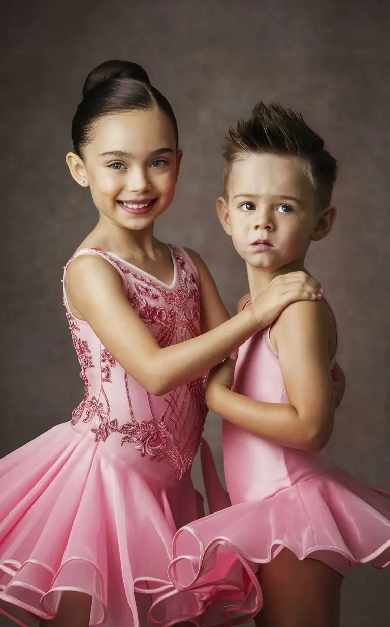 (((Gender role-reversal))), photograph, a 7-year-old girl with long hair is wearing a pink ballroom dress, and a shy cute little 6-year-old boy with short smart spiky hair is standing next to her, the boy looks jealous, the girl is dressing the boy in a pink ballroom dress, adorable, perfect faces, perfect faces, clear faces, perfect eyes, perfect noses, smooth skin, photograph style, real