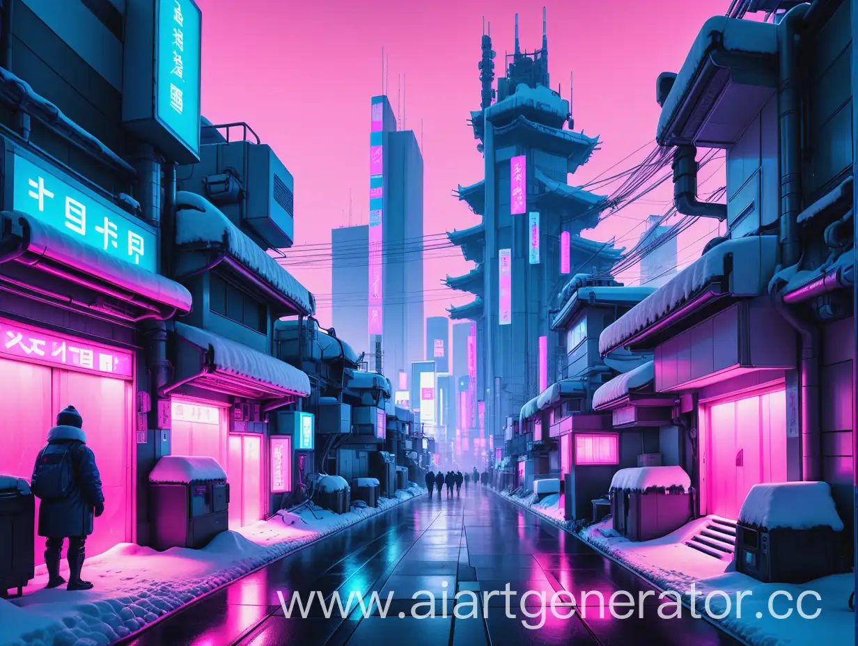 Cyberpunk landscape of winter Tokyo in pink and blue colors 