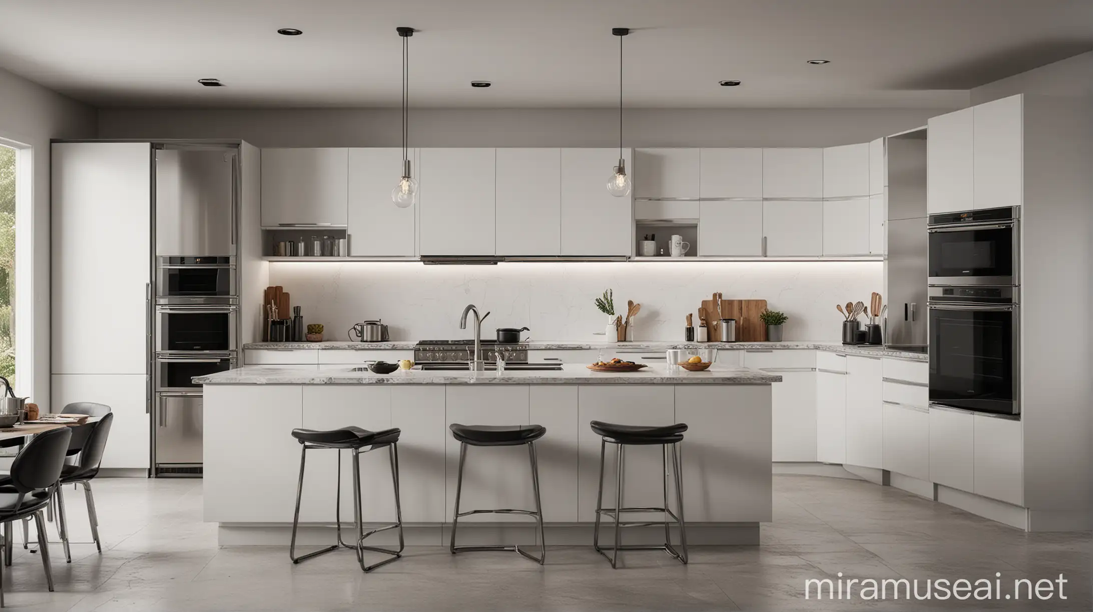 photorealistic image shot with Canon EOS R5, A wide-angle shot of a modern kitchen with sleek stainless steel appliances, quartz countertops, and minimalist cabinetry. The color palette is cool and crisp, with a dominant white background and accents of black and silver. The camera angle is slightly elevated, showcasing the spaciousness and functionality of the kitchen.