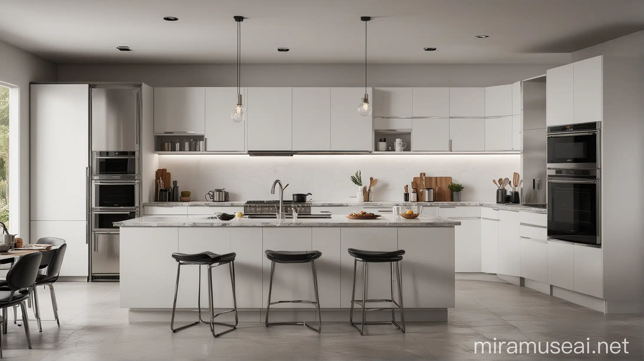 Modern Kitchen Interior with Stainless Steel Appliances and Quartz Countertops