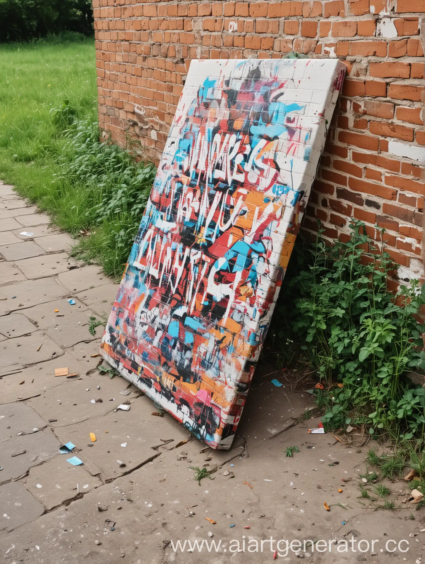 The canvas is on the floor, leaning against a brick wall covered with graffiti in the park