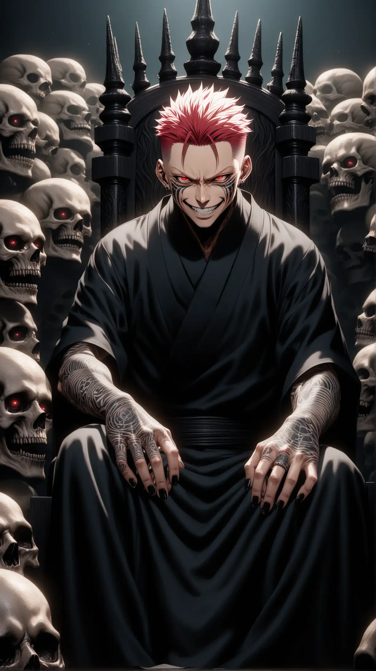 Ryoumen Sukuna from Jujutsu Kaisen, having tattoos on his face, 4 red eyes, sitting on a throne of skulls in his realm of death, long black nails on his hands, demonic smiling, hyper detailed , 8k, extra realistic, hype realistic, focused, high details, unreal engine 5, cinematic