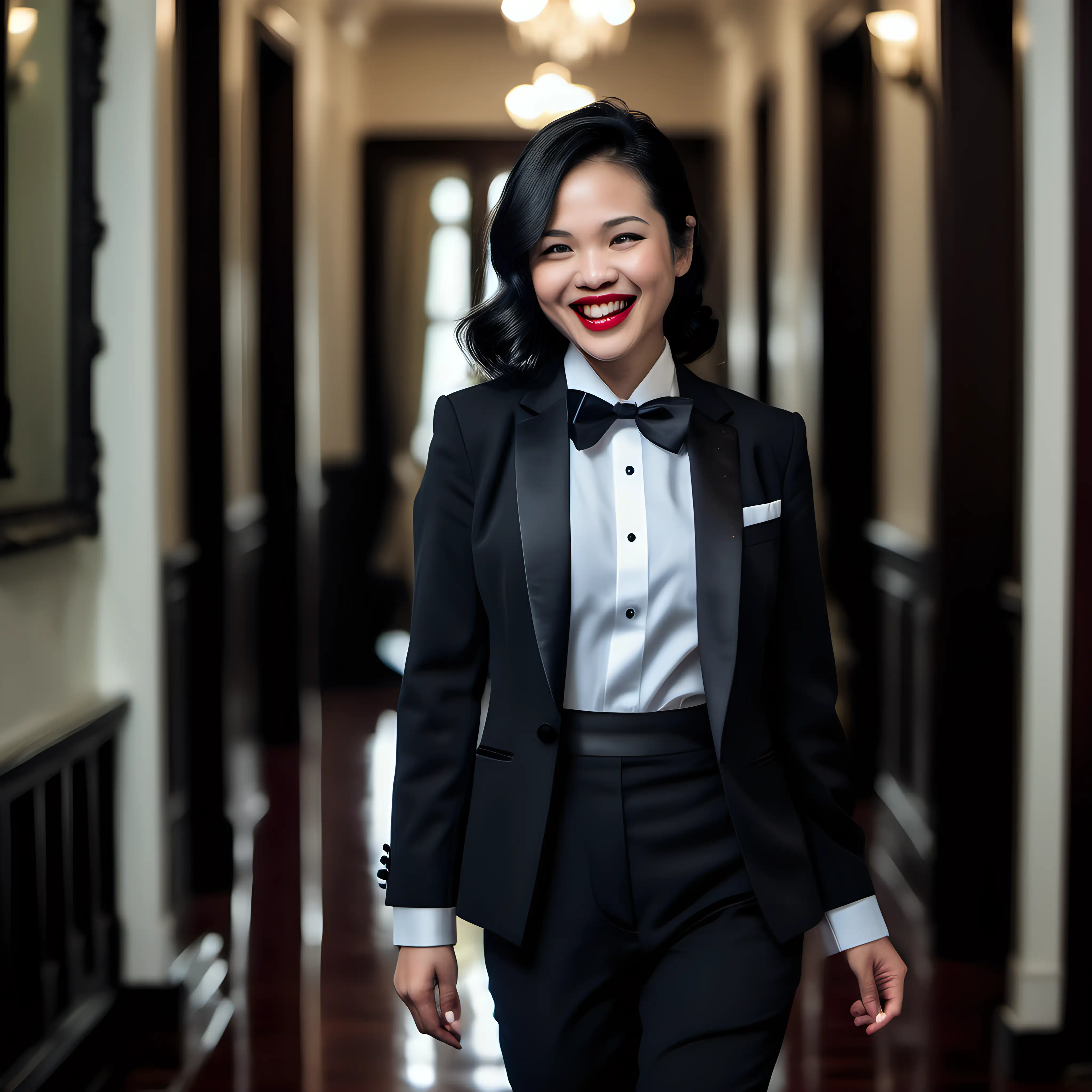 A petite 35 year old gorgeous and smiling and laughing Vietnamese woman with black shoulder length hair and red lipstick wearing a formal tuxedo with a black bow tie and black cufflinks. Her shirt has French double cuffs. Her jacket is open and has a corsage. She is walking down a dark hallway in a mansion.