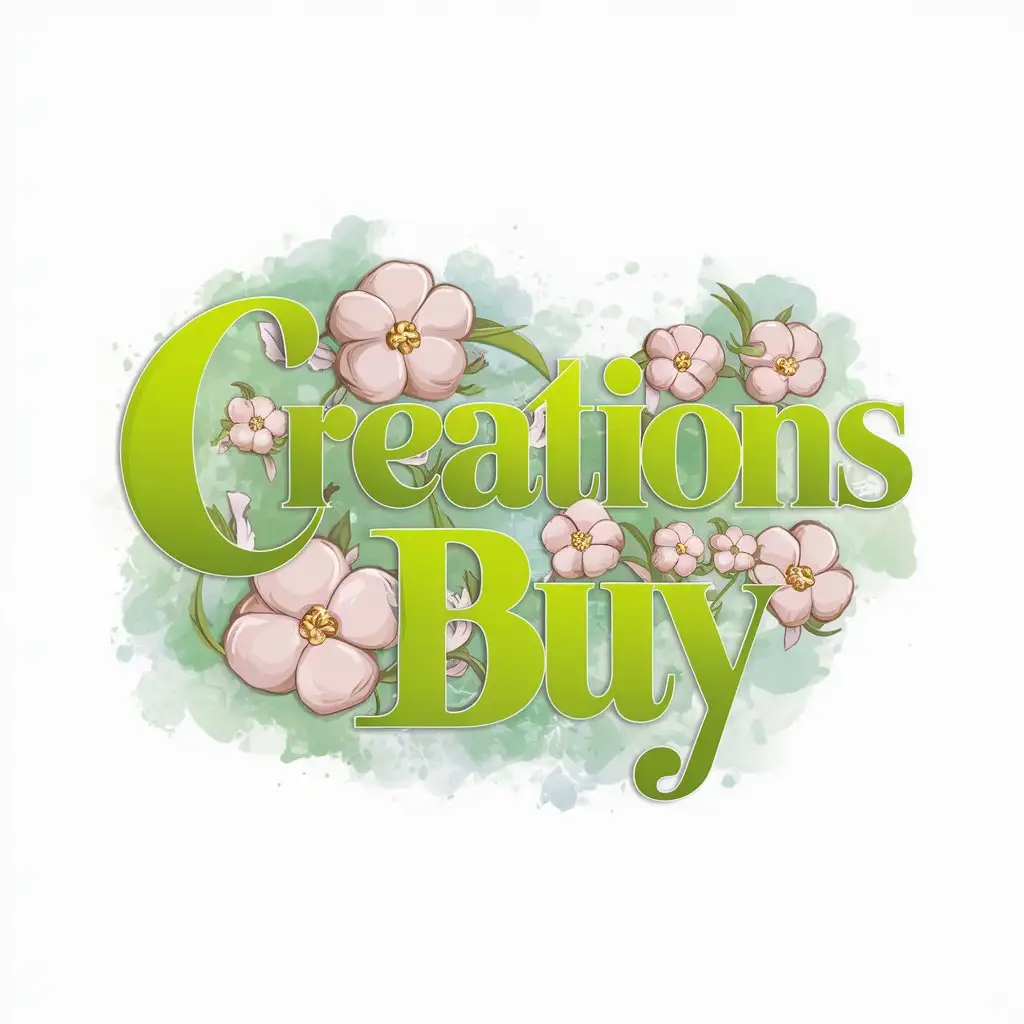 can you design me a logo with green bright colors, that looks elegant, soft and dreamy with flowers, cute and cartoony. The name in the logo must be Creations Buy

