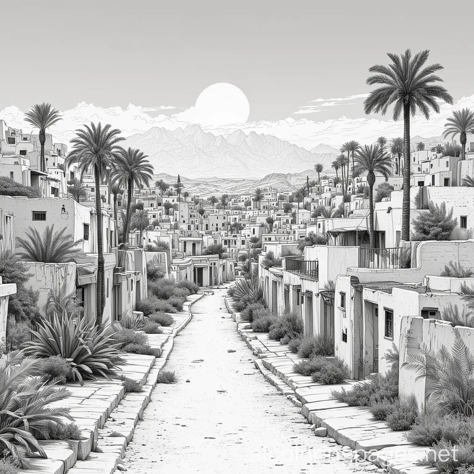 The Village of the Kings Luxor Egypt, Coloring Page, black and white, line art, white background, Simplicity, Ample White Space