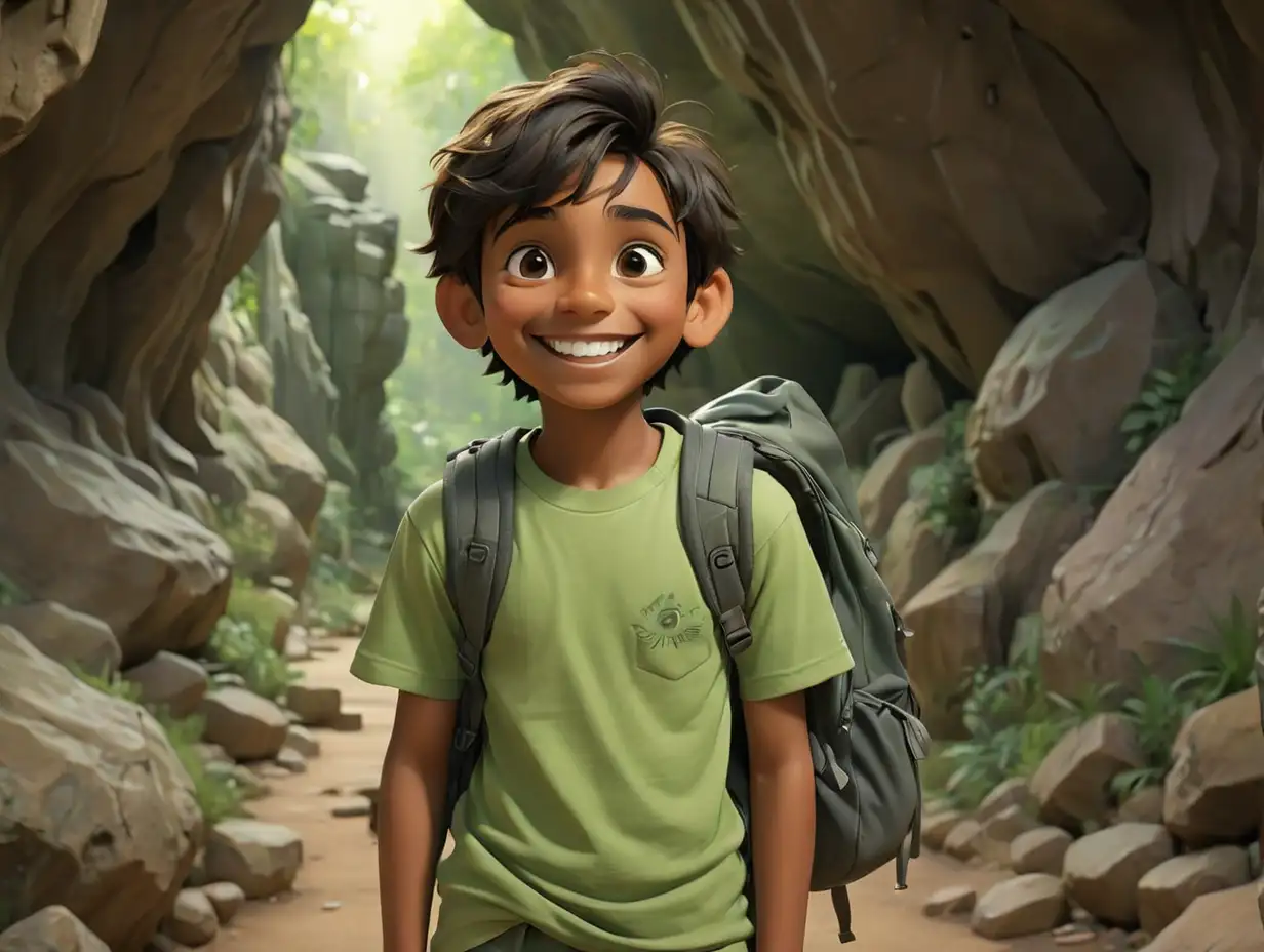 wide view, a young indian boy very smile, green t-shirt, small backpack , cave, 3d disney inspire