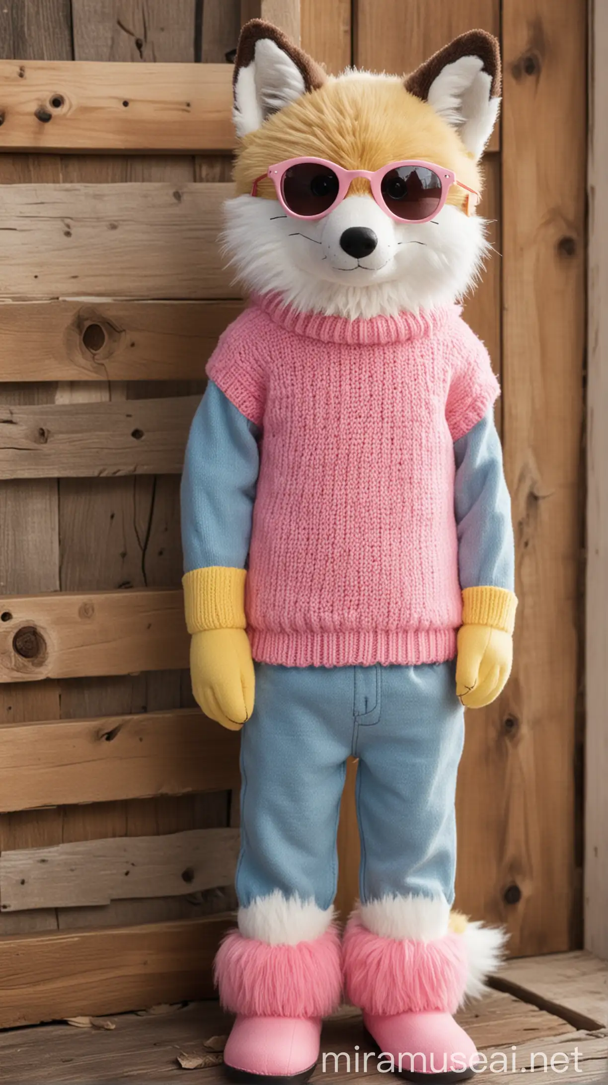 Blue Fox Plush Toy Wearing Pink Sunglasses and Yellow Sweater in Rustic House