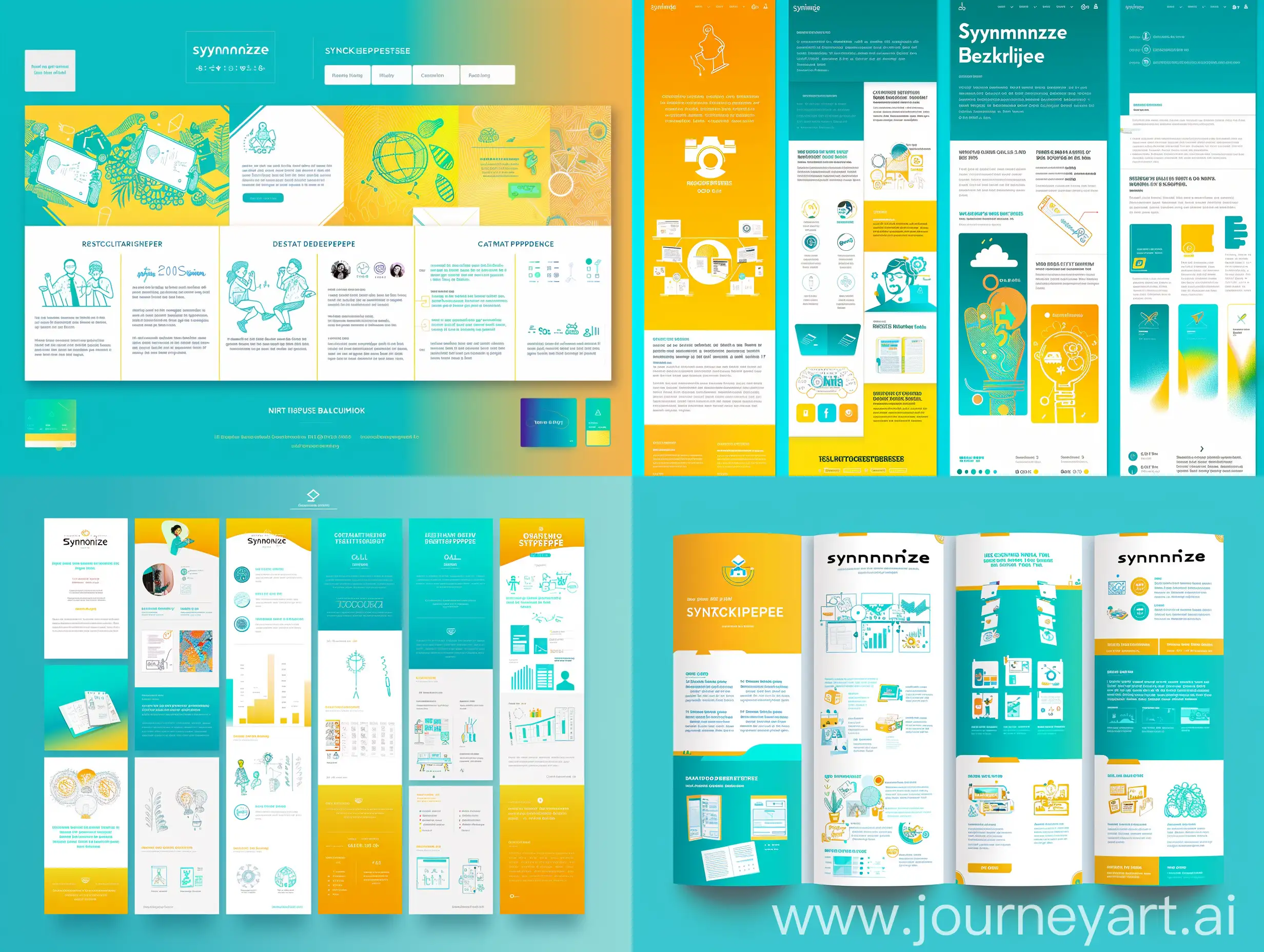 "Design a long-scroll Behance post template for 'Synkronize,' featuring a bright cyan (#00BFFF) and cheerful yellow (#FFD700) gradient color scheme with white (#FFFFFF) accents. The template includes a header section with the project logo and title, an issue statement section with text and icons, a research findings section with infographics, a concept development section with sketches and mood boards, a design process section with step-by-step visuals, a final design section with high-quality images, and a conclusion section with a summary and call to action. Typography is bold and playful for headers, regular for body text, and italicized for captions. Icons are simple and flat, with vibrant colors and subtle gradients for depth."layout design style