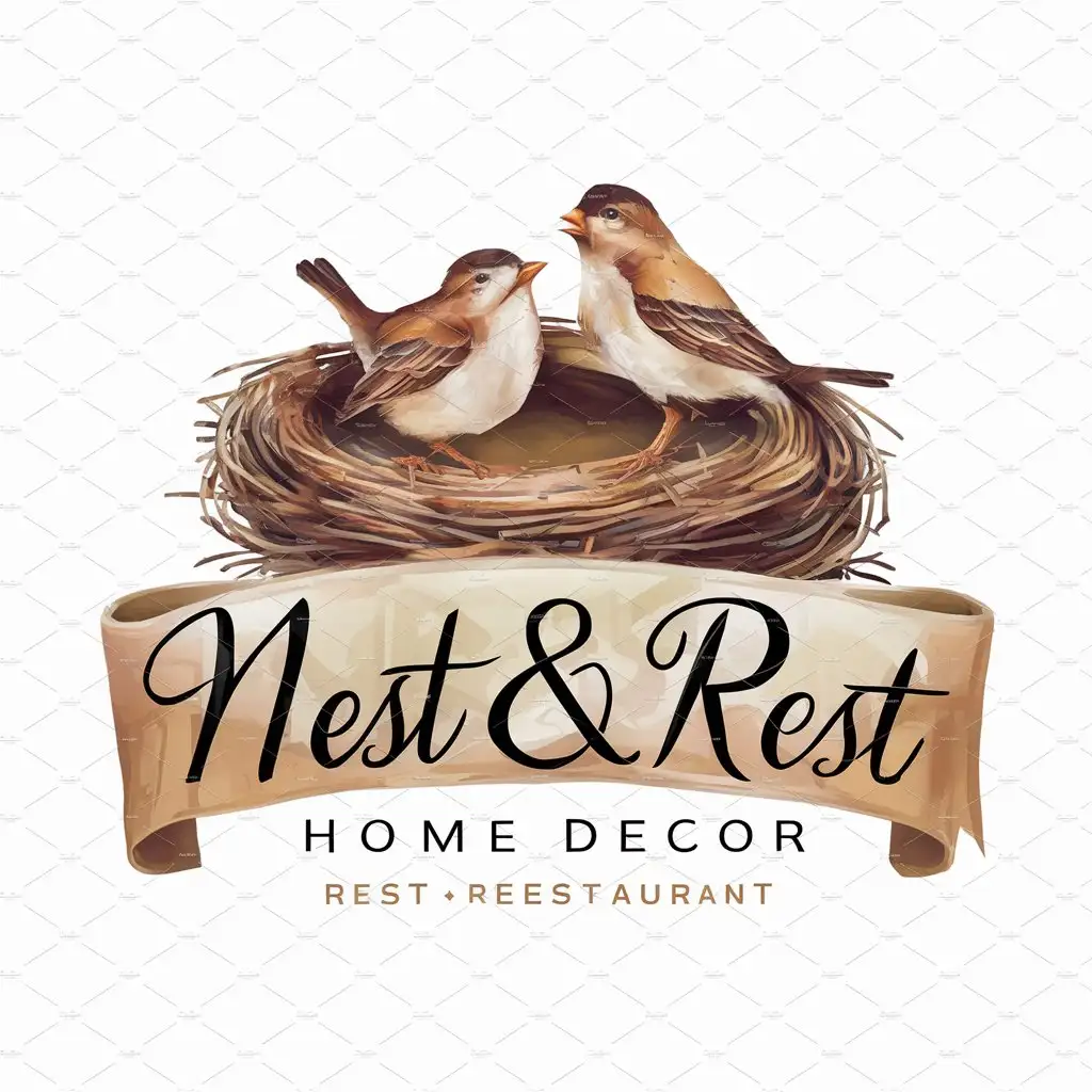 a logo design,with the text "Nest & Rest Home Decor", main symbol:A cozy bird’s nest with two birds holding a banner with the store’s name. The colors are soft and warm, with a homely, comforting feel.,Moderate,be used in Restaurant industry,clear background