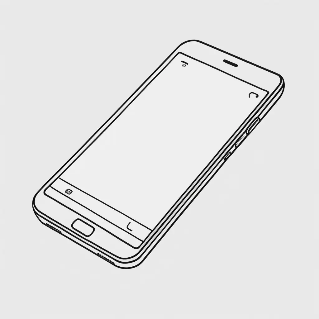 smart phone vibrating, black and white, line drawing, simple, on a plain solid background, looking staight on at it