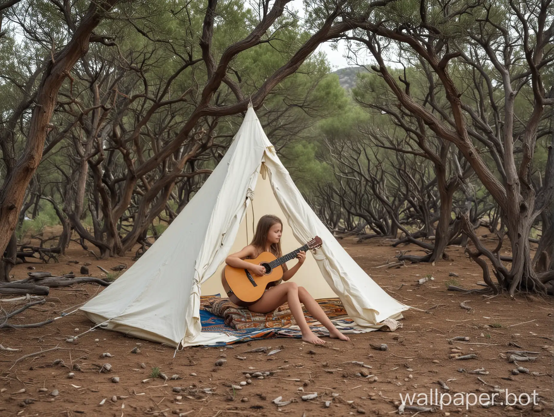 Crimea, sea, oaks, juniper, naked 10-year-old girl, full-length, tent, guitar, distant sea view