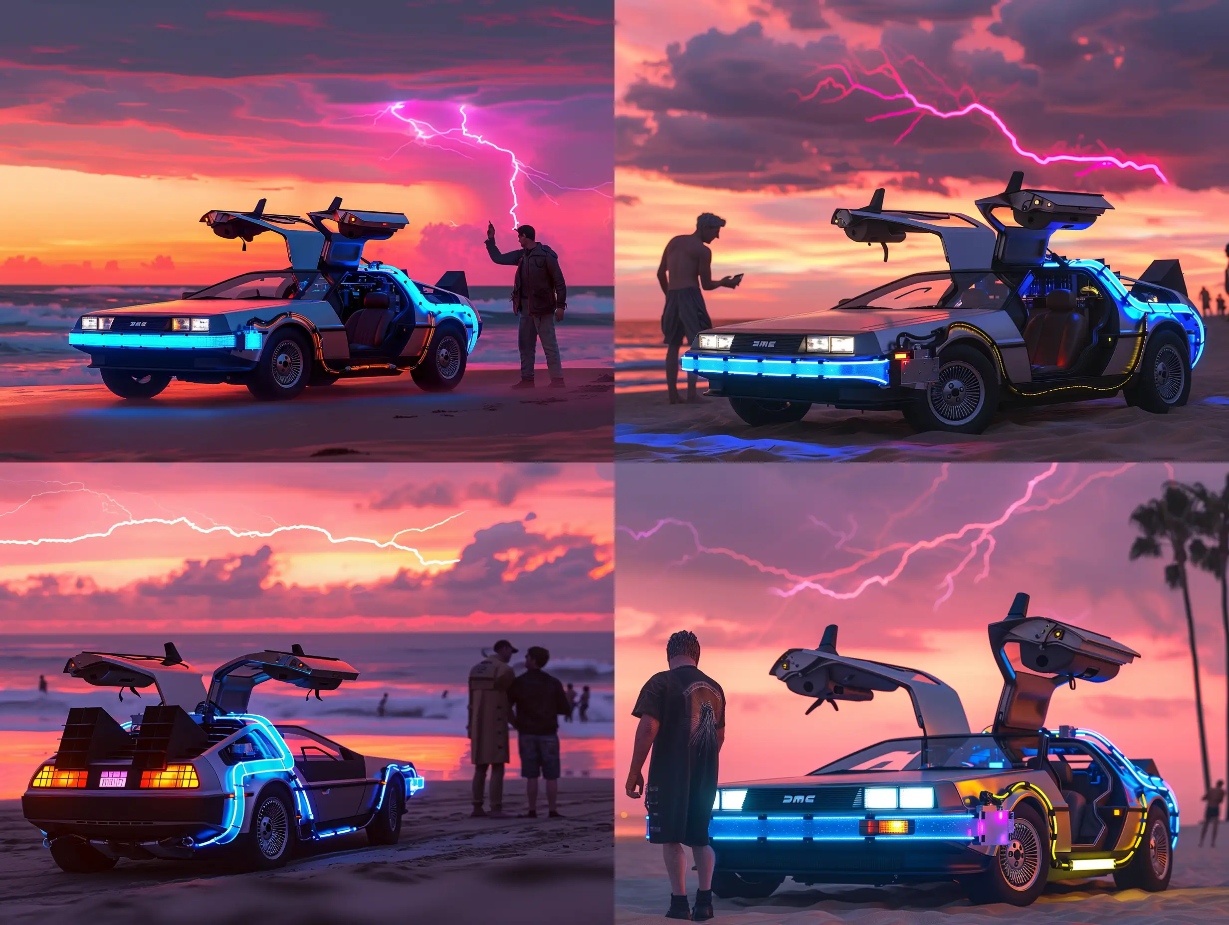 Marty-Mcfly-and-Doc-Brown-in-Back-to-the-Future-Delorean-at-Sunset-Beach