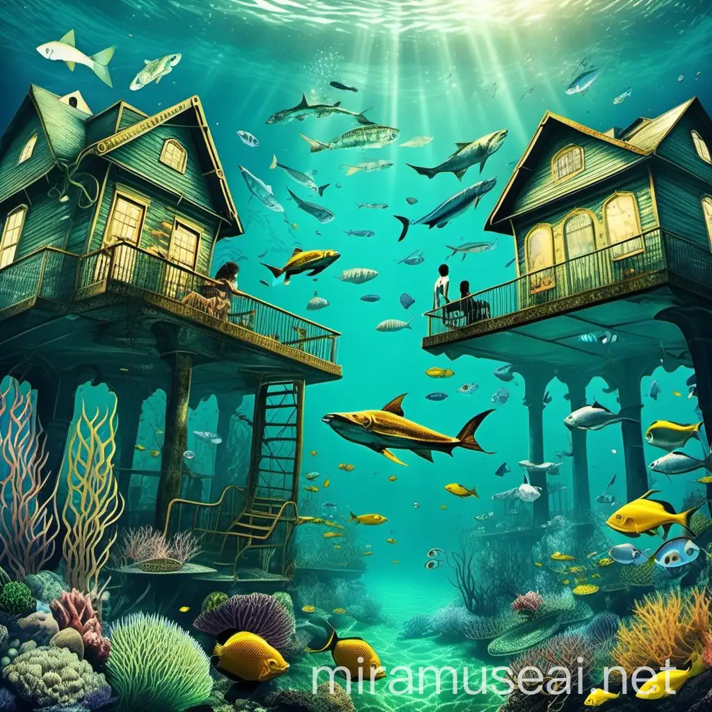 scene of underwater world where houses and building with pearls , vehicles of fishes on which people sitting and roaming,normal human moving freely and breathing underwater, sea grasses and sea plants under water  