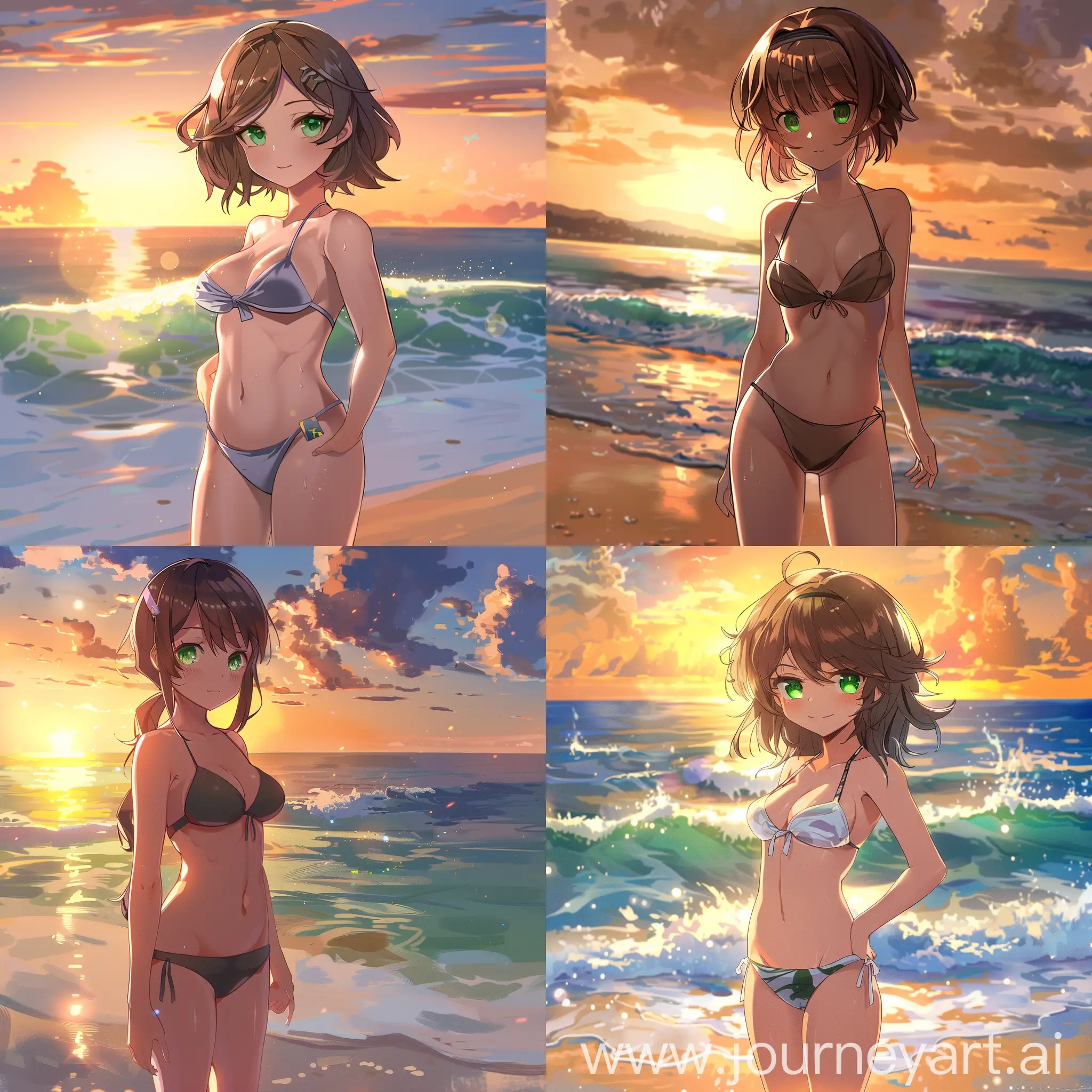 A gamer girl stands on the beach in a swimsuit, she has green eyes and brown hair, sunset and sea in the background