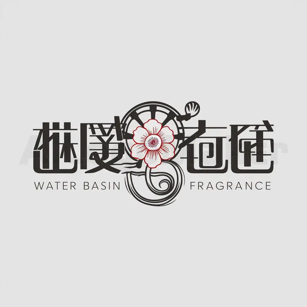 a logo design,with the text "water basin fragrance", main symbol:flower, water wheel, Chinese,Moderate,be used in huangfen industry,clear background