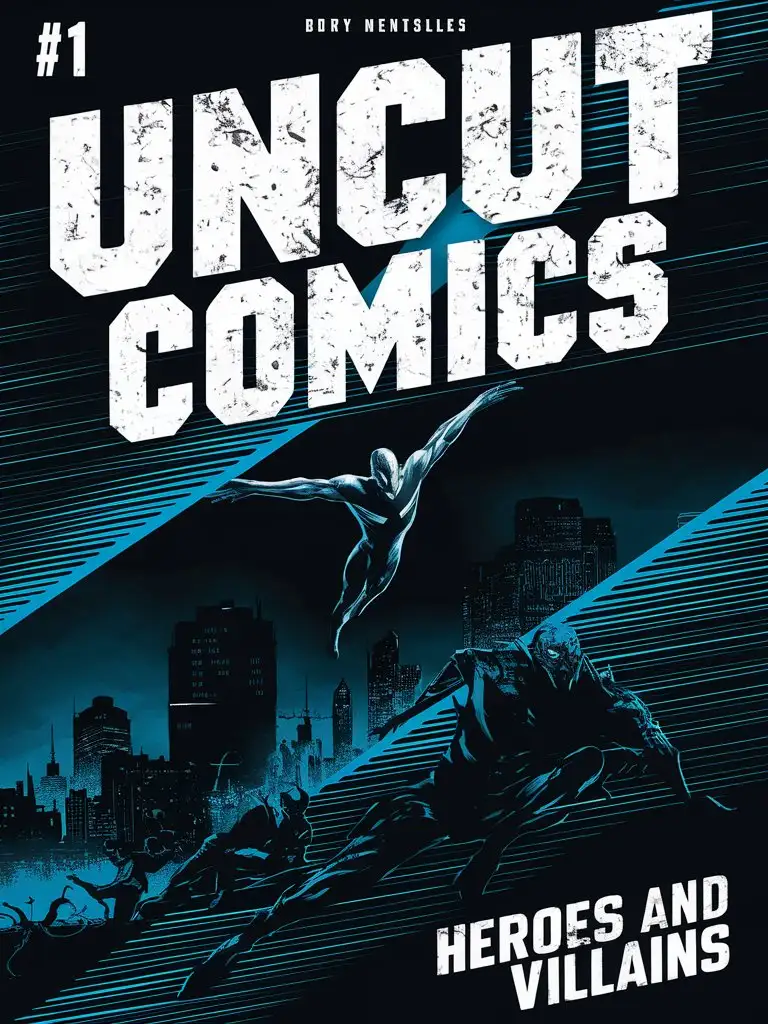 Design a comic book cover the title "Uncut Comics" is emblazoned across the top in bold, gritty font, with the issue number "#1" and the subtitle "Heroes and Villains" written in smaller text at the bottom.

