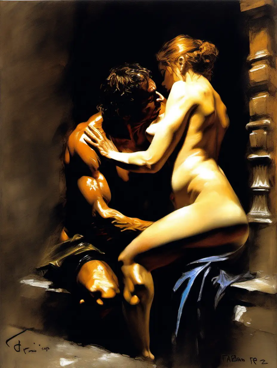 Expressive Baroque Nude Painting Achille and Briseis in Fabian Perez Style