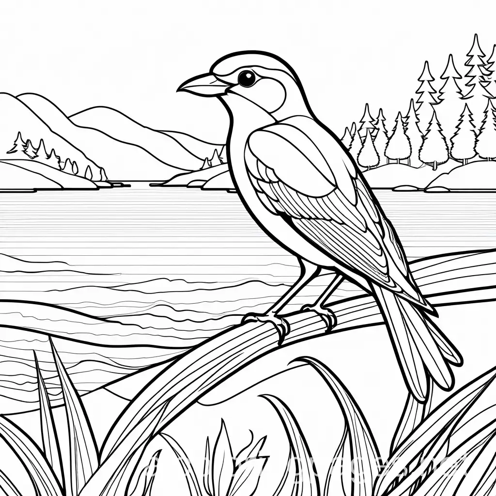 extremely simple, cartoon style, beautiful bird, with beautiful scenery at the background, easy to color, black and white, coloring page, Coloring Page, black and white, line art, white background, Simplicity, Ample White Space. The background of the coloring page is plain white to make it easy for young children to color within the lines. The outlines of all the subjects are easy to distinguish, making it simple for kids to color without too much difficulty, Coloring Page, black and white, line art, white background, Simplicity, Ample White Space. The background of the coloring page is plain white to make it easy for young children to color within the lines. The outlines of all the subjects are easy to distinguish, making it simple for kids to color without too much difficulty