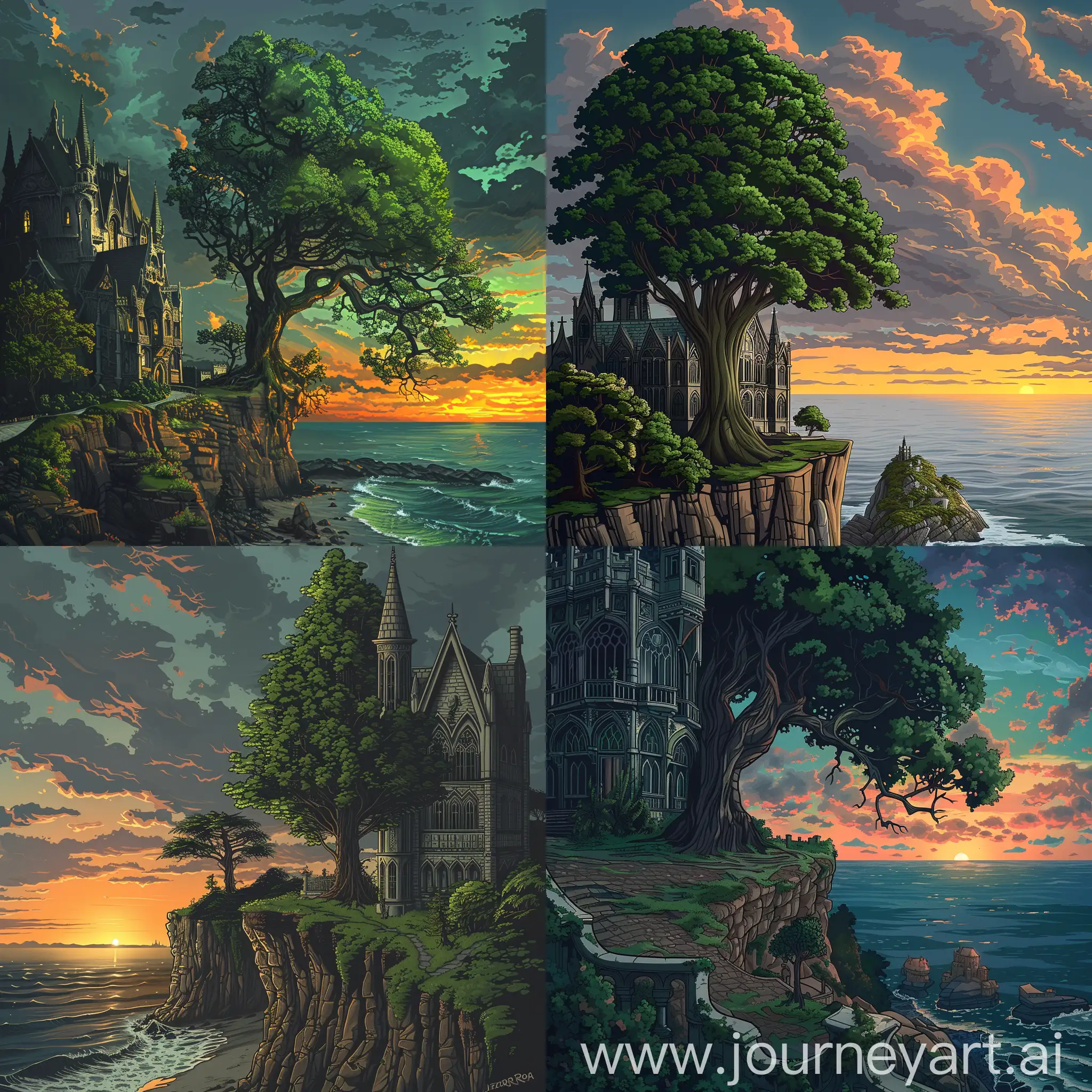 Illustration of a landscape near sea, cliff, big green tree next to gothic mansion, sunset, art, illustration by Jorge Roa