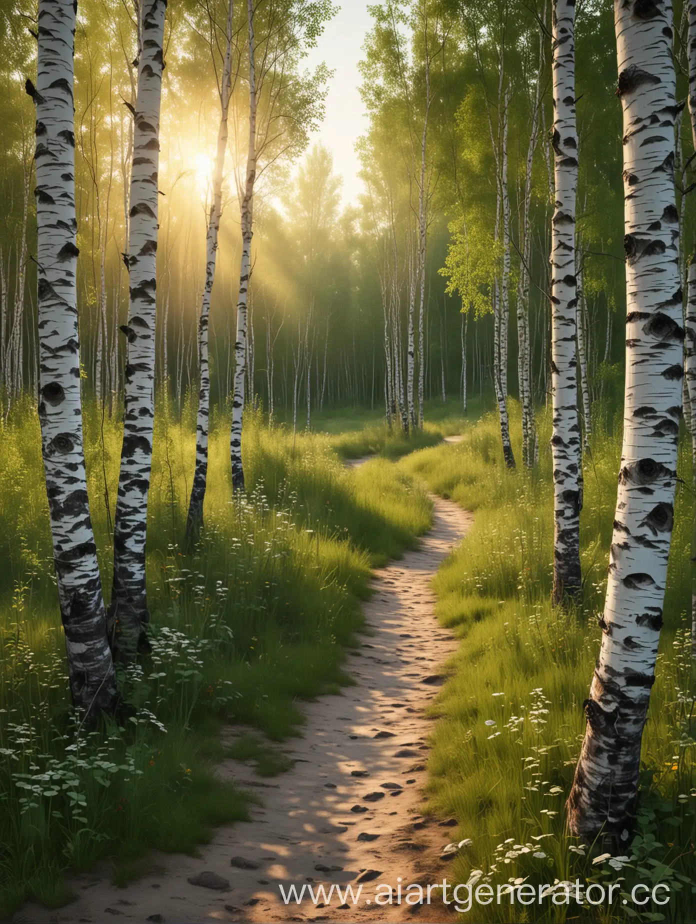 Birch-Forest-Sunset-Path-Tranquil-Summer-Evening-Scene-in-Photorealistic-Style