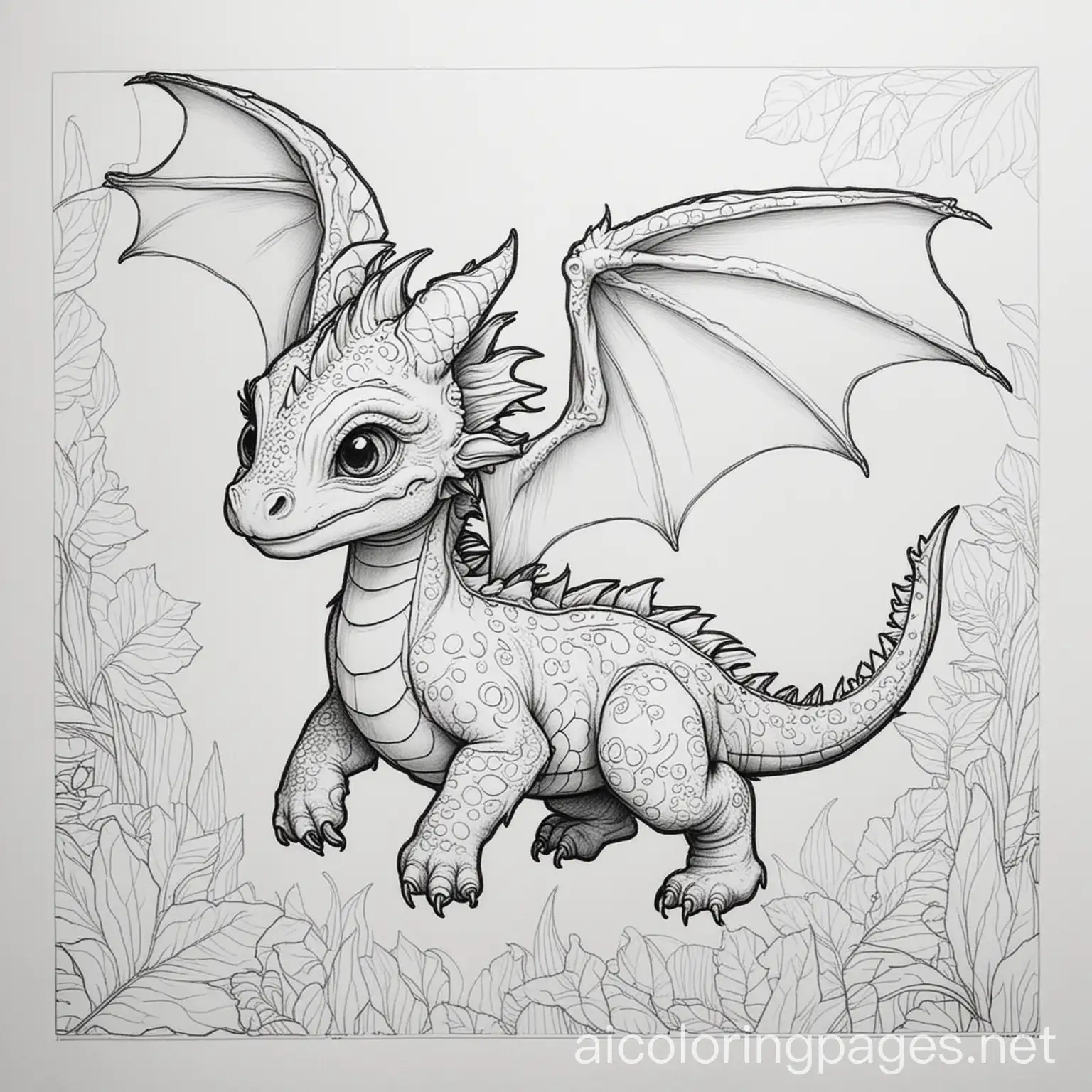 Baby dragon flying High detail Adult coloring book, Coloring Page, black and white, line art, white background, Simplicity, Ample White Space. The background of the coloring page is plain white to make it easy for young children to color within the lines. The outlines of all the subjects are easy to distinguish, making it simple for kids to color without too much difficulty, Coloring Page, black and white, line art, white background, Simplicity, Ample White Space. The background of the coloring page is plain white to make it easy for young children to color within the lines. The outlines of all the subjects are easy to distinguish, making it simple for kids to color without too much difficulty