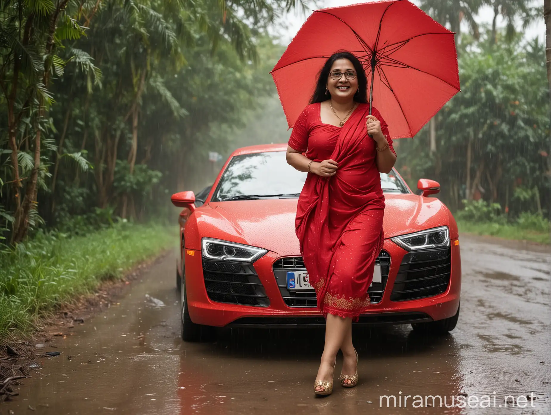Happy Mature Curvy Aunty Laughing with Red Audi R8 in Rainy Outdoor Scene