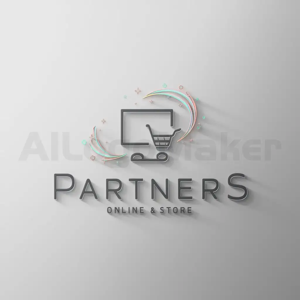 a logo design,with the text "Partners", main symbol:Computer with shopping cart of online store, with flashes of magic,Minimalistic,be used in Internet industry,clear background