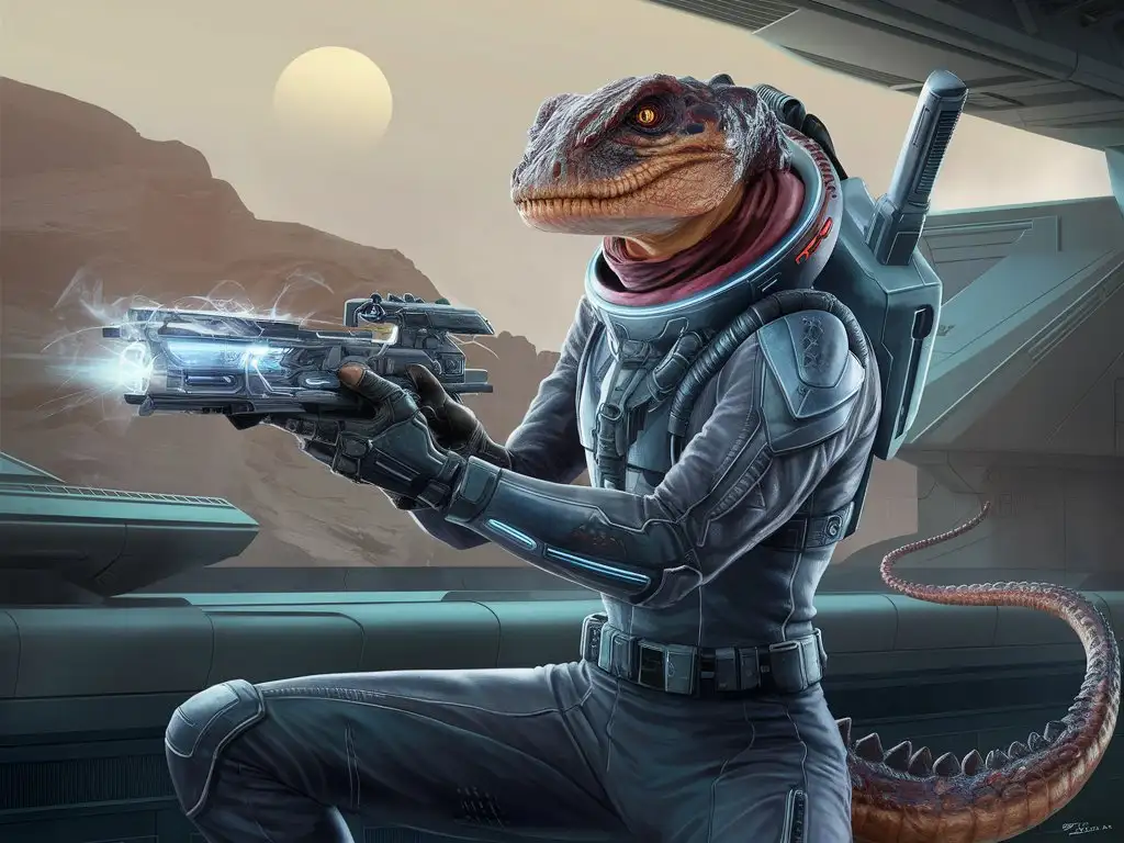 a fantasy character, an alien race with reptilian features, wearing a combat spacesuit, background is a spaceship with a window showing a rocky planet