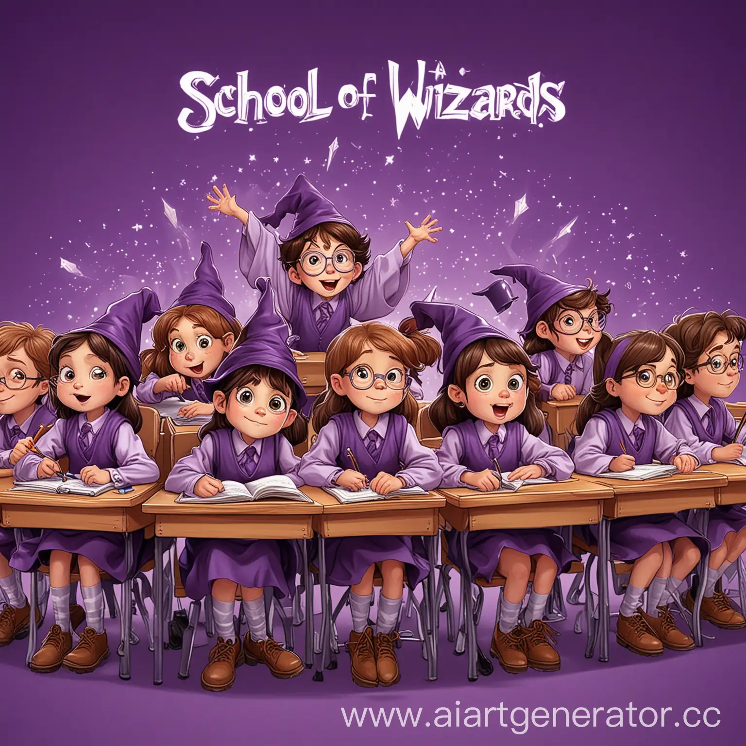 Мультяшные дети за школьными партами на фиолетовом фоне, это обложка для Школы добрых волшебников
