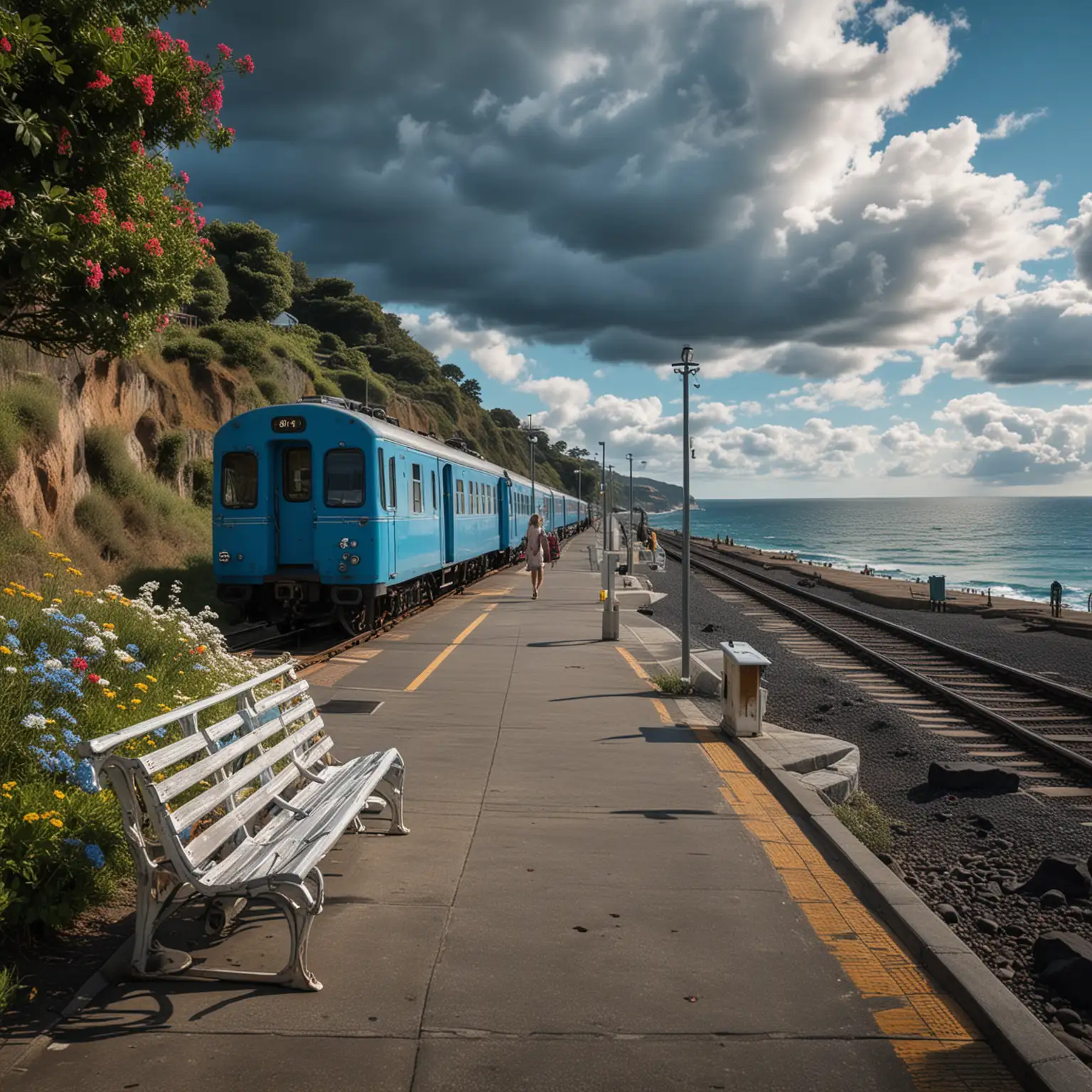 Solitary-Woman-Waiting-at-Cliffside-Train-Station-Overlooking-Blue-Ocean