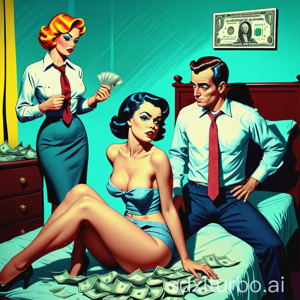 a woman in various states of undress sitting on a bed that has been slept in counting a wad of money while a fully dressed man in a shirt and loose tie watches her. vintage stylized pop art