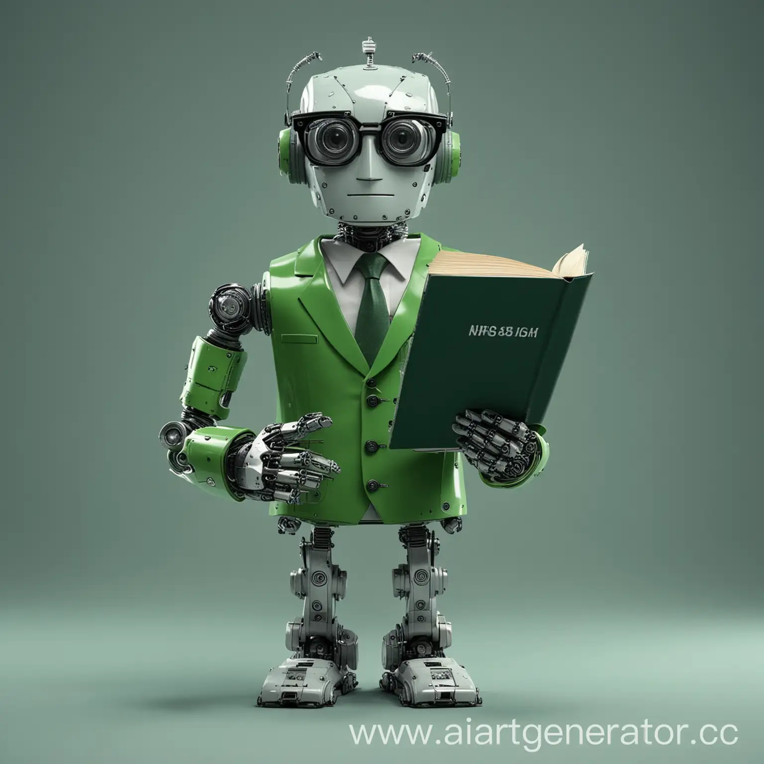 робот в очках, с учебником в руках, часами на левой руке, в строгом зелёном костюме