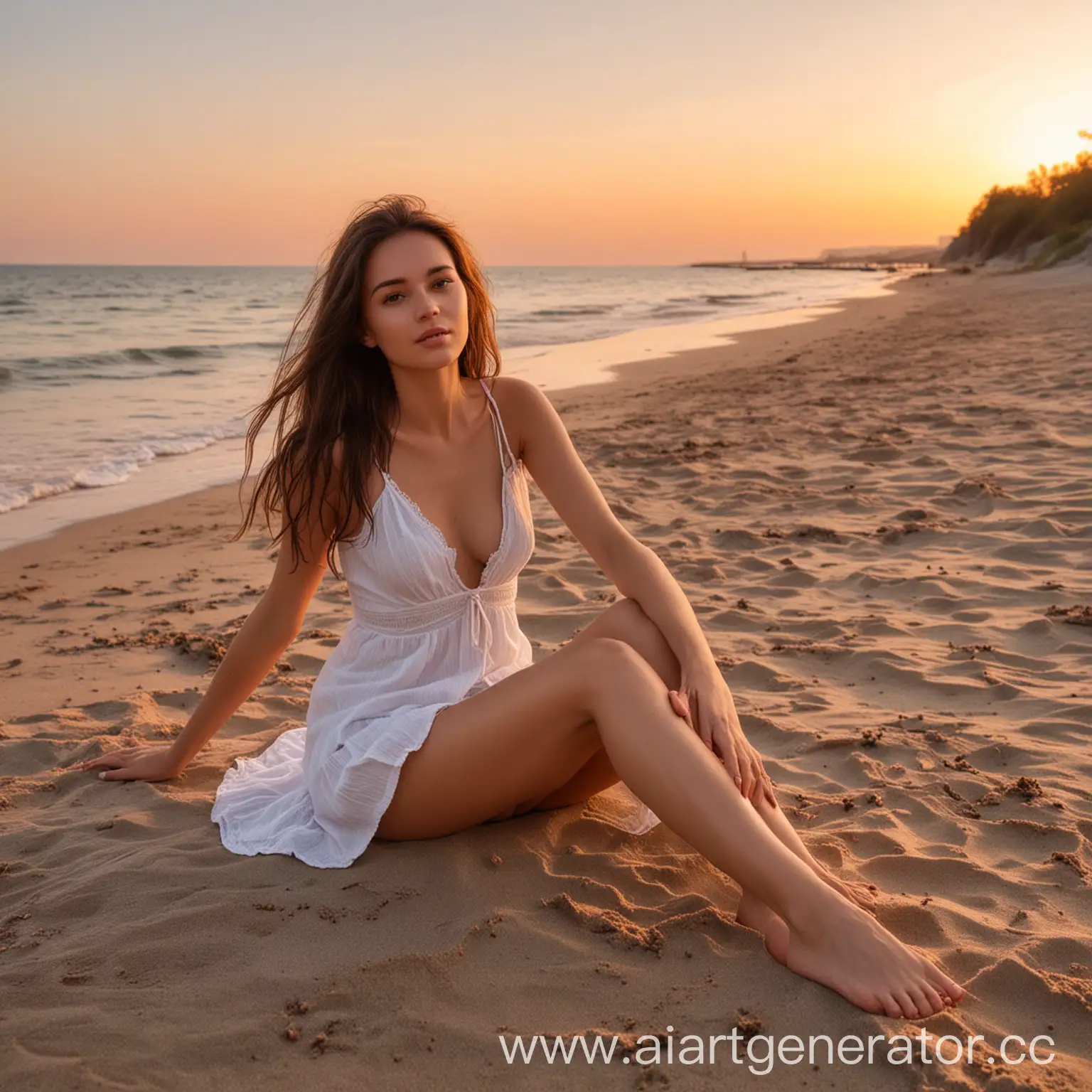 Стройная брюнетка сидит на песочном пляже, в лучах заката, у моря