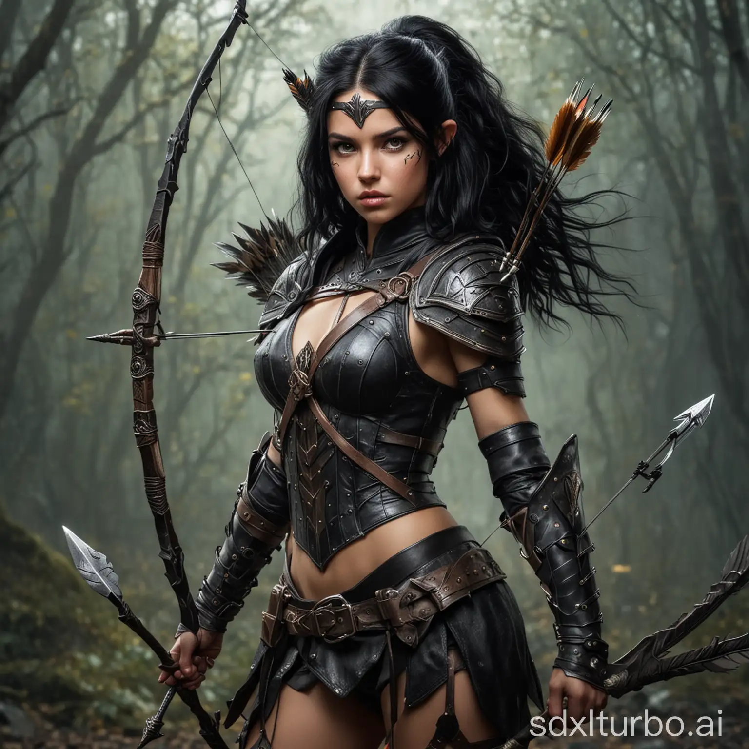 Fantasie junge Jägerin mit Pfeil und Bogen mit schwarzen Haaren und ein Krieger in Rüstung mit Spieß als Waffe als Team