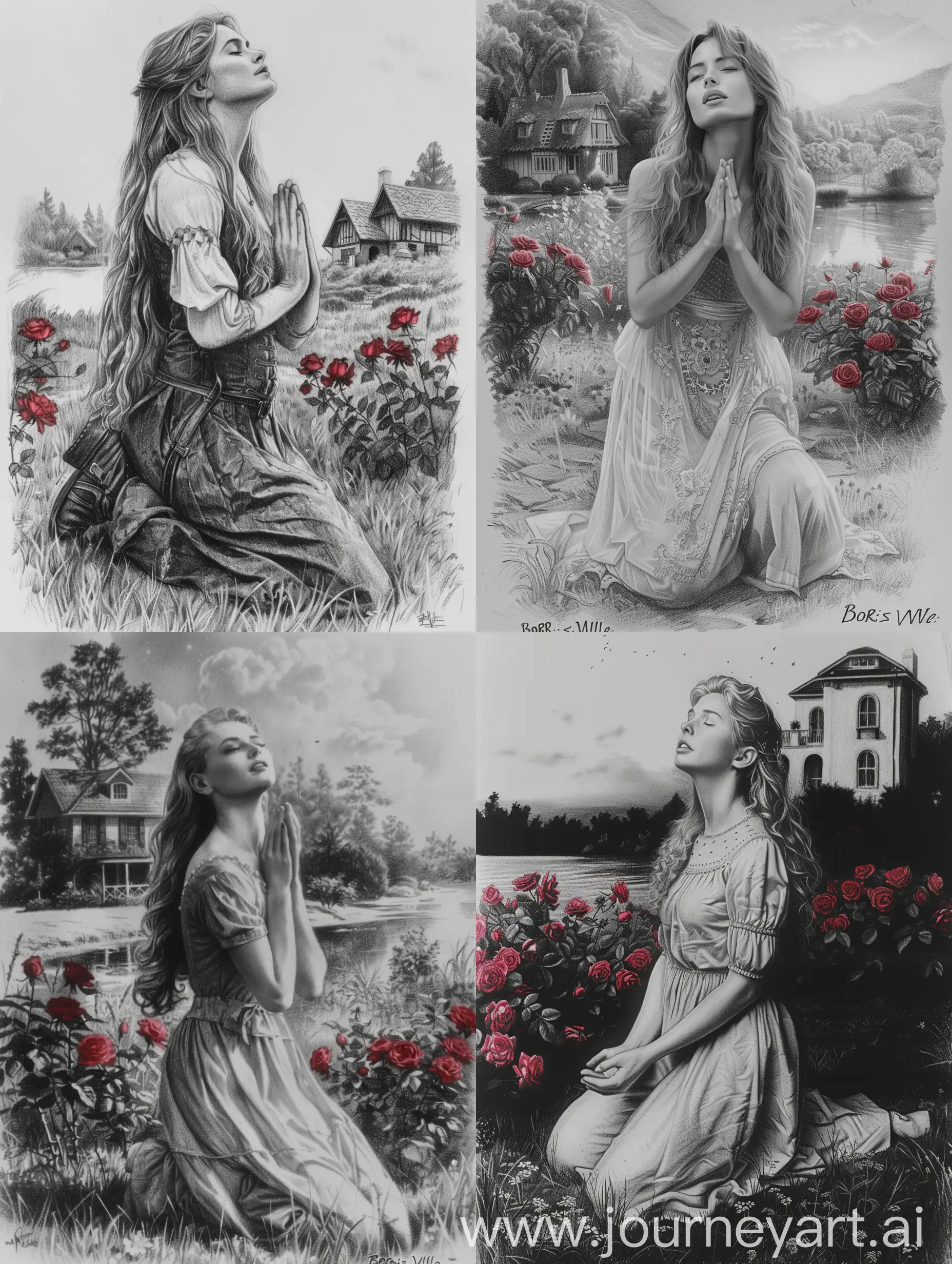 A Black and White Illustration in pencil with a fine texture, charcoal strokes of a Beautiful young woman with long blond hair, and a long dress full length portrait, kneeling with her hands closed looking at the sky thanking God for another glorious day in her garden with bright red roses in the background a house with a beautiful lake at dusk in the style of Boris Valle, soft expressions, extremely beautiful, ultra detailed, vibrant tones, a touch of realism, intricate, 08k, cinematic, image of great beauty. --chaos 20 --ar 3:4 --style raw --stylize 200